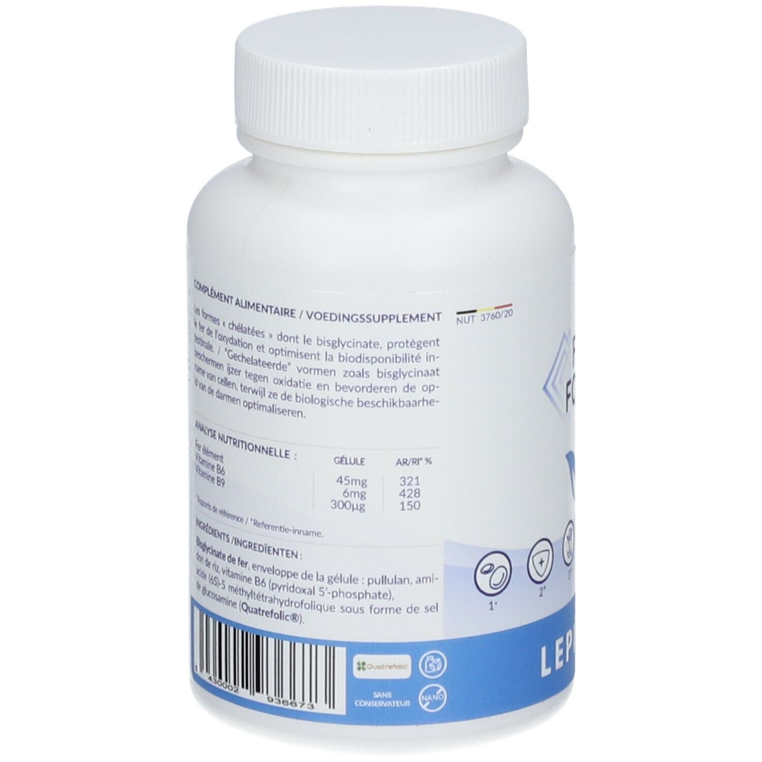 Achterkant van een witte fles. Bevat informatie over voedingswaarde en ingrediënten. Opschrift LEPIVITS. Met informatie over ingrediënten en voedingswaarde.