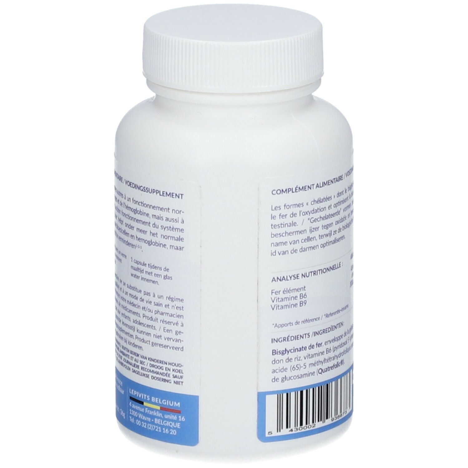 Achterkant van een witte fles. Bevat informatie over voedingswaarde en ingrediënten. Opschrift LEPIVITS. Met informatie over ingrediënten en voedingswaarde.