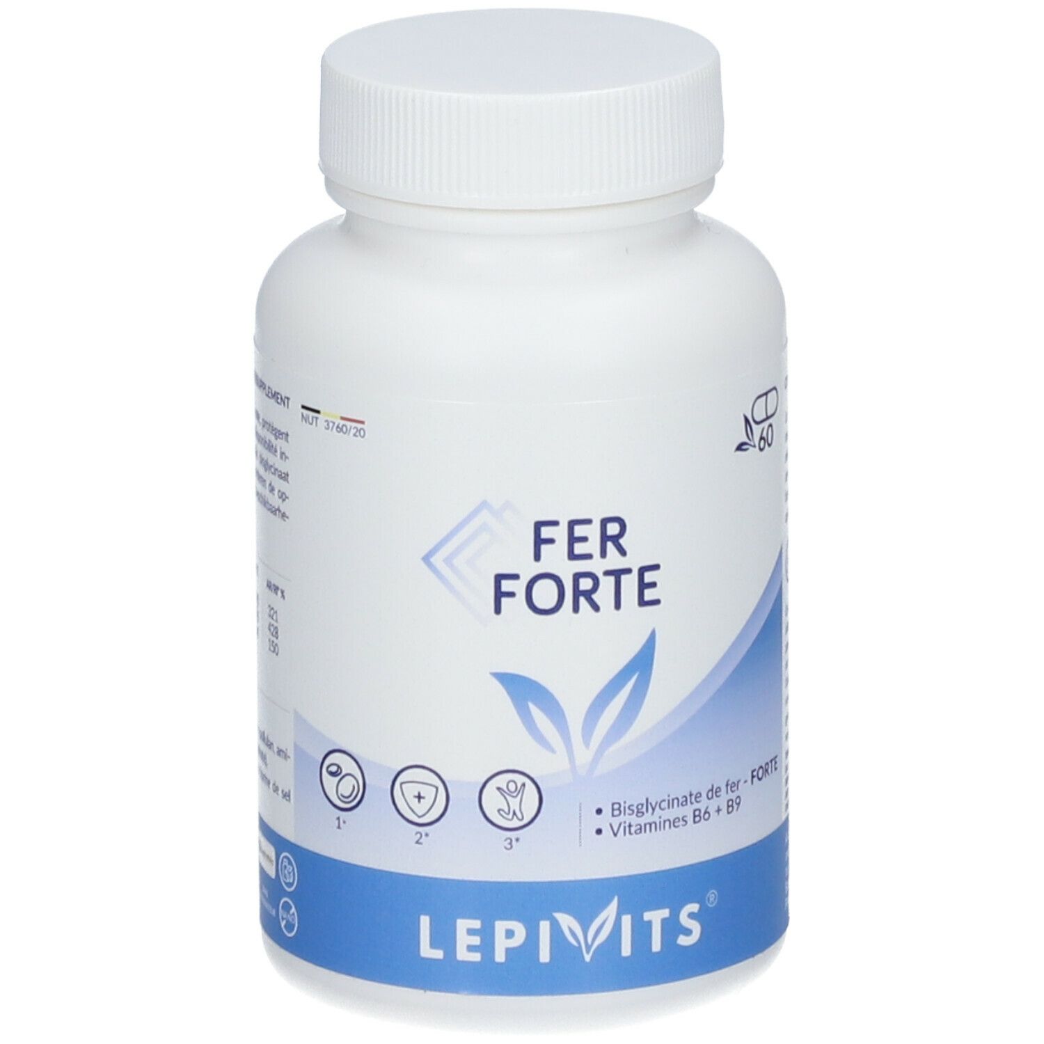 Witte fles met schroefdop. Opschrift FER FORTE, LEPIVITS. Bevat 60 capsules. Bevat Bisglycinaat de fer - FORTE, Vitaminen B6 + B9.