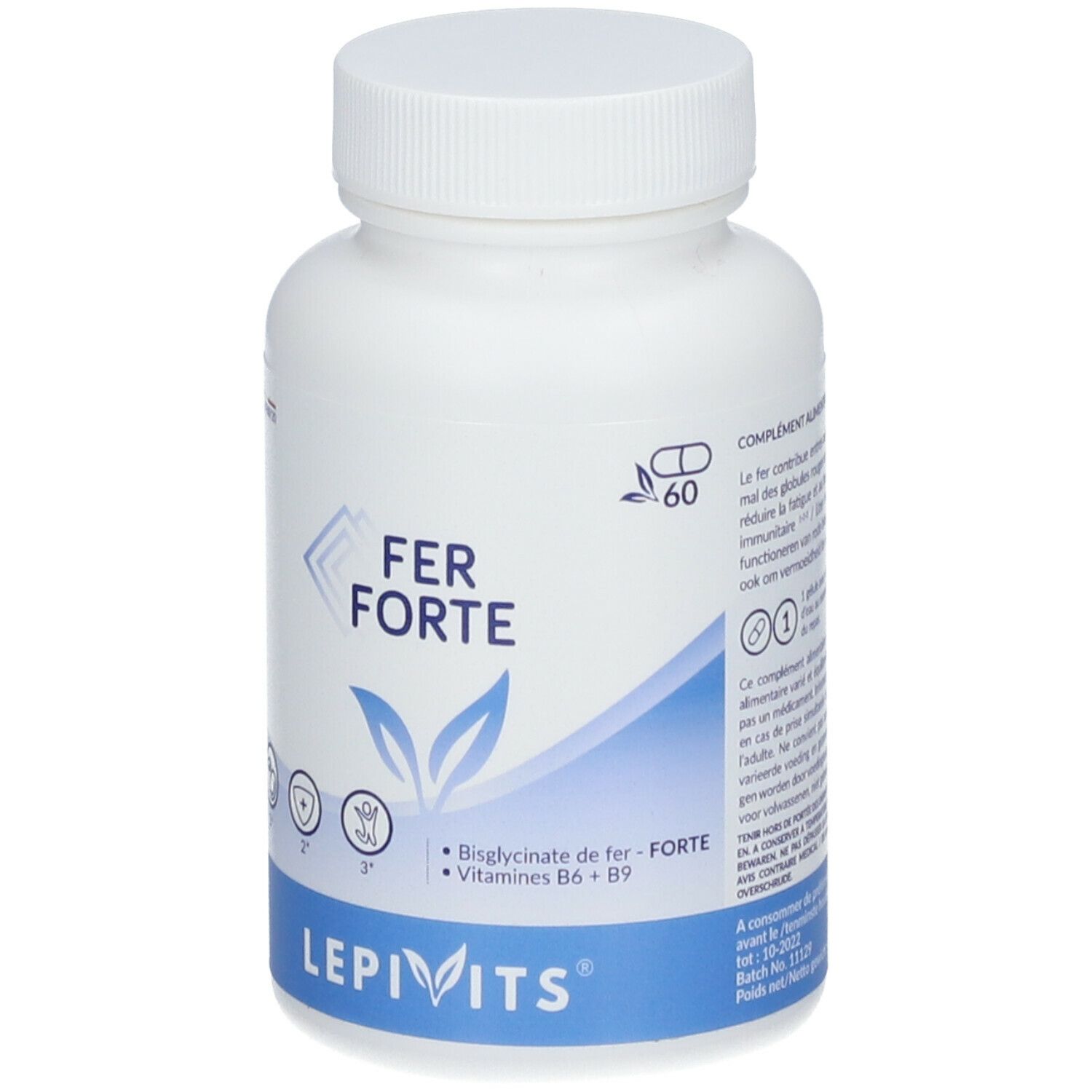Witte fles met schroefdop. Opschrift FER FORTE, LEPIVITS. Bevat 60 capsules. Bevat Bisglycinaat de fer - FORTE, Vitaminen B6 + B9.
