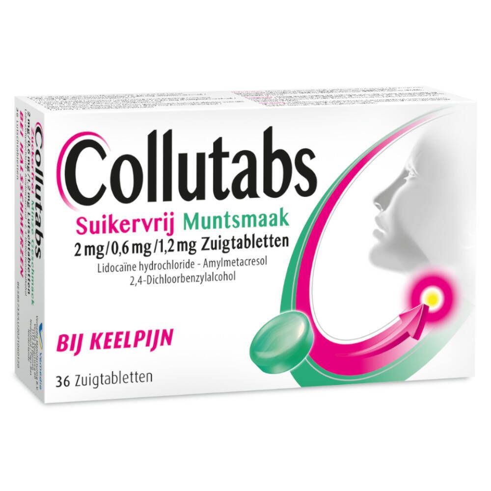 Witte doos Collutabs met Nederlandse tekst. Illustratie keel met pijlsymbool.