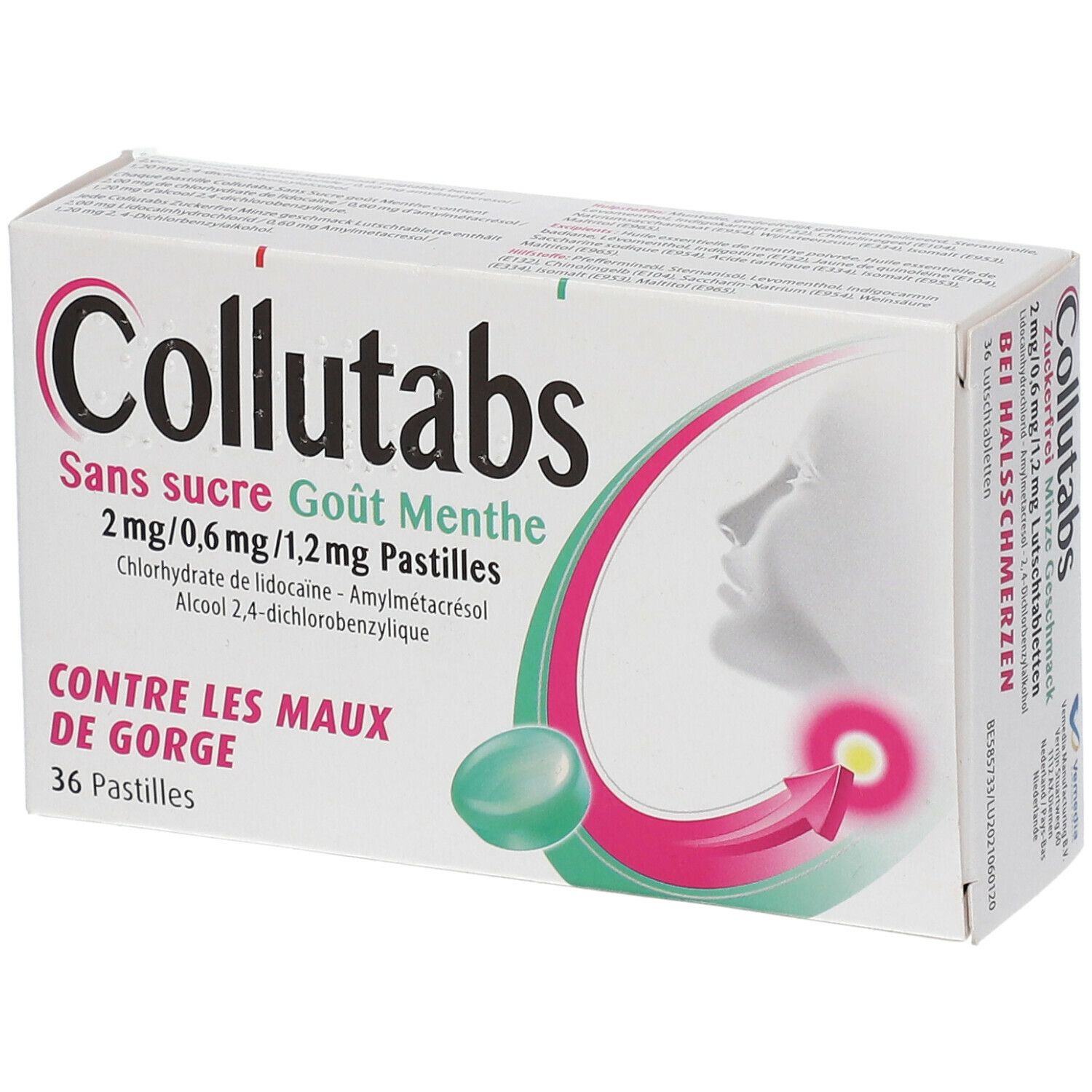 Witte doos Collutabs. Opschrift « Sans sucre Goût Menthe ». Illustratie keel met pijlsymbool.