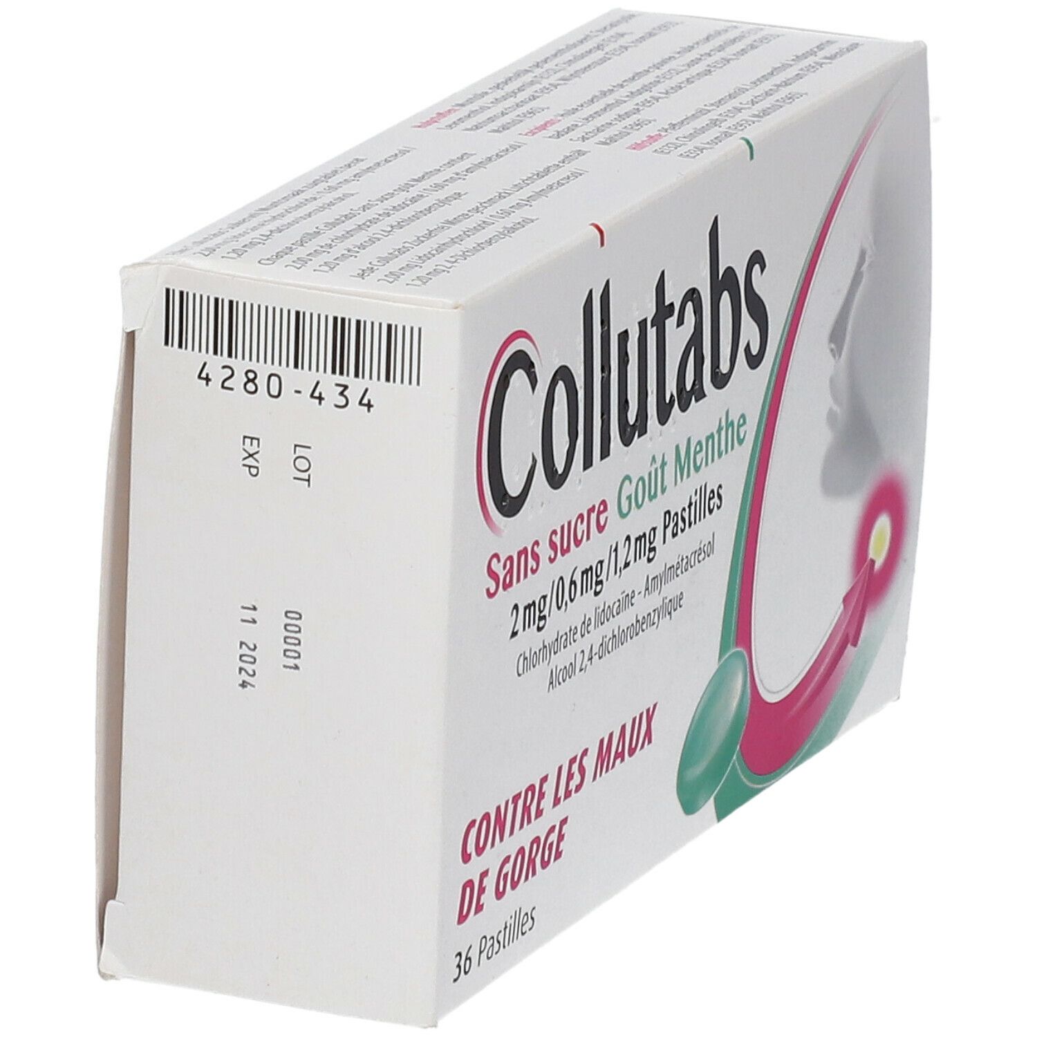 Witte doos Collutabs, zijaanzicht. Productinfo en lotnummer. Illustratie keel.