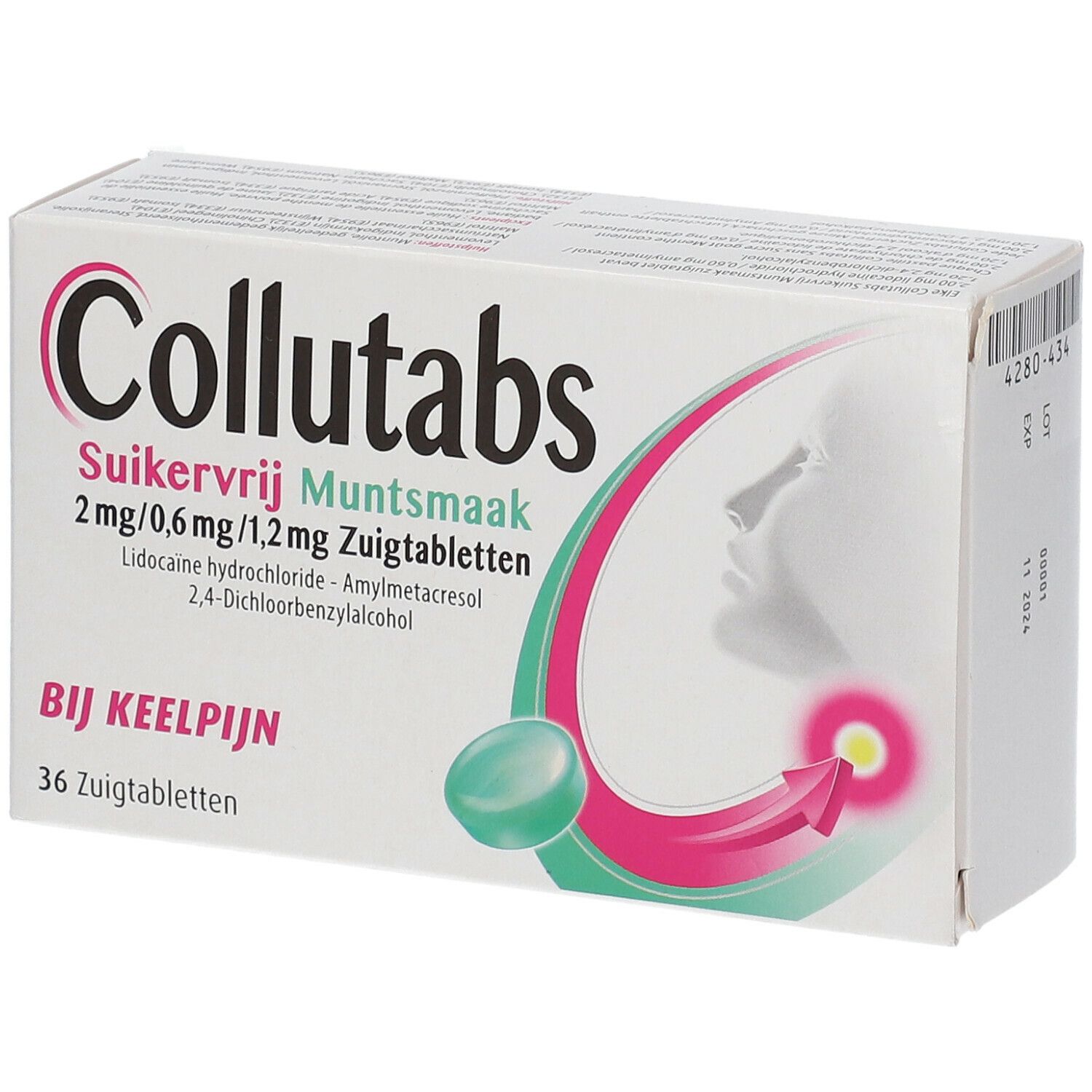 Witte doos Collutabs met Nederlandse tekst. Illustratie keel met pijlsymbool.