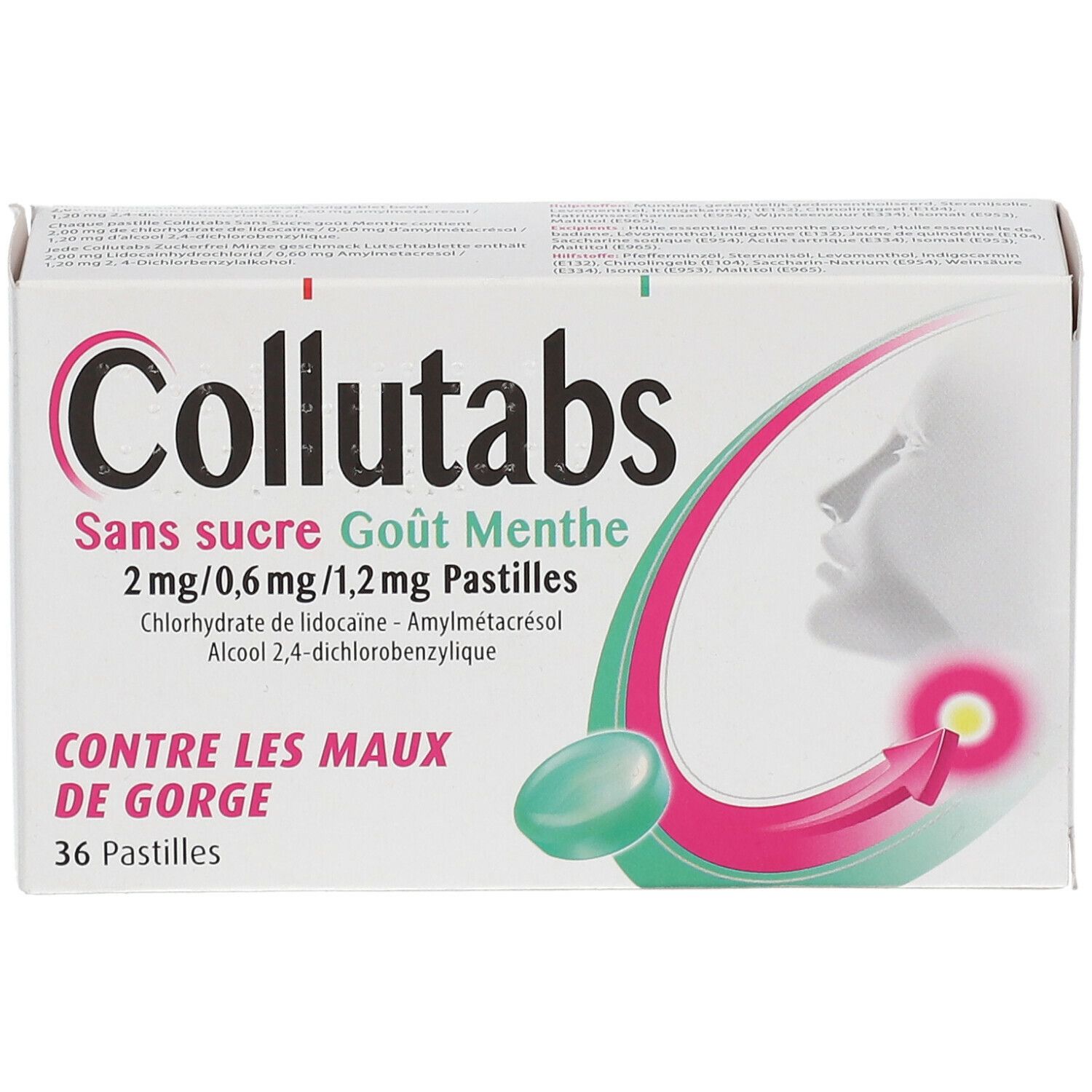 Witte doos Collutabs met Franse tekst. Illustratie keel met pijlsymbool.