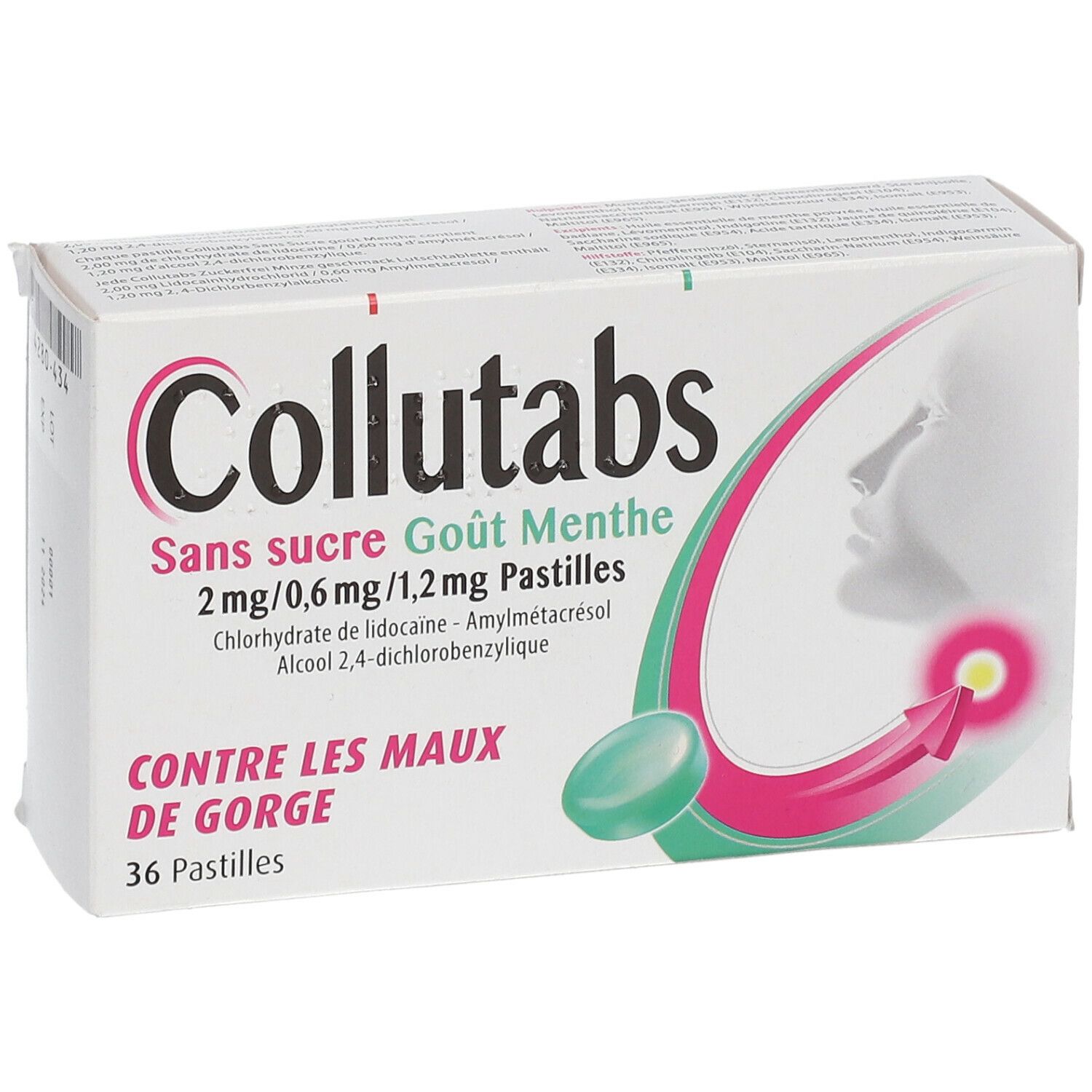 Witte doos Collutabs met Franse tekst. Illustratie keel met pijlsymbool.