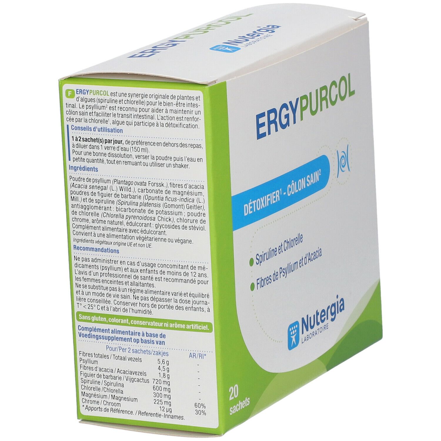 Verpackung von ERGYPURCOL. Enthält 20 Sachets. Aufschrift: Détoxifier - Cölon Sain. Mit Spiruline et Chlorelle und Fibres de Psyllium.