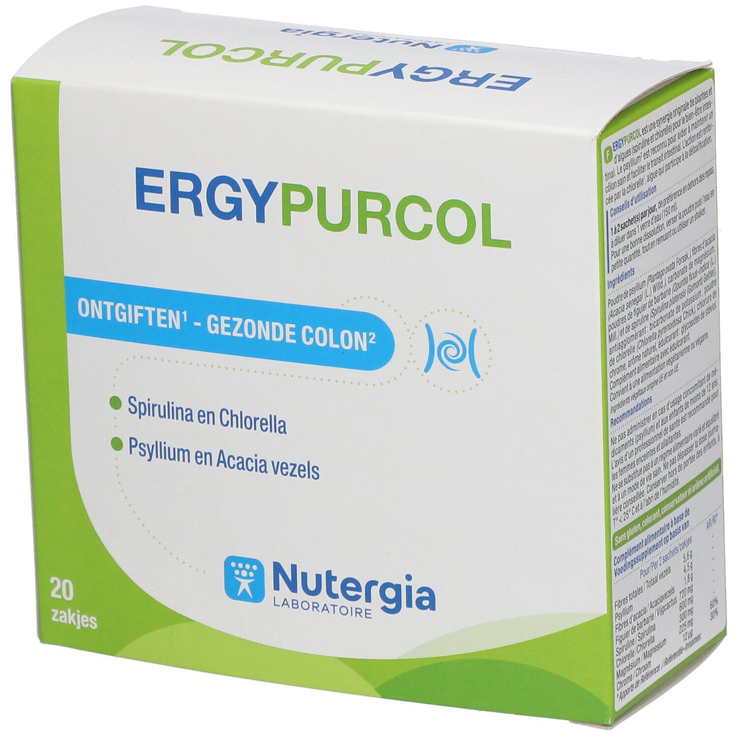 Verpackung von ERGYPURCOL. Enthält 20 Sachets. Aufschrift: Ontgiften - Gezonde Colon. Mit Spiruline en Chlorella und Psyllium en Acacia vezels.