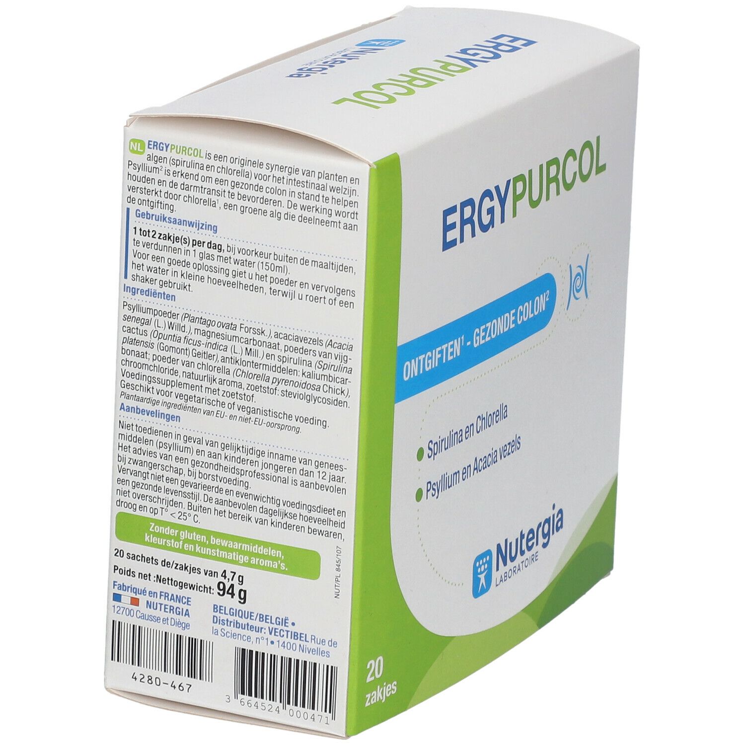 Verpackung von ERGYPURCOL. Enthält 20 Sachets. Aufschrift: Ontgiften - Gezonde Colon. Mit Spiruline en Chlorella und Psyllium en Acacia vezels.