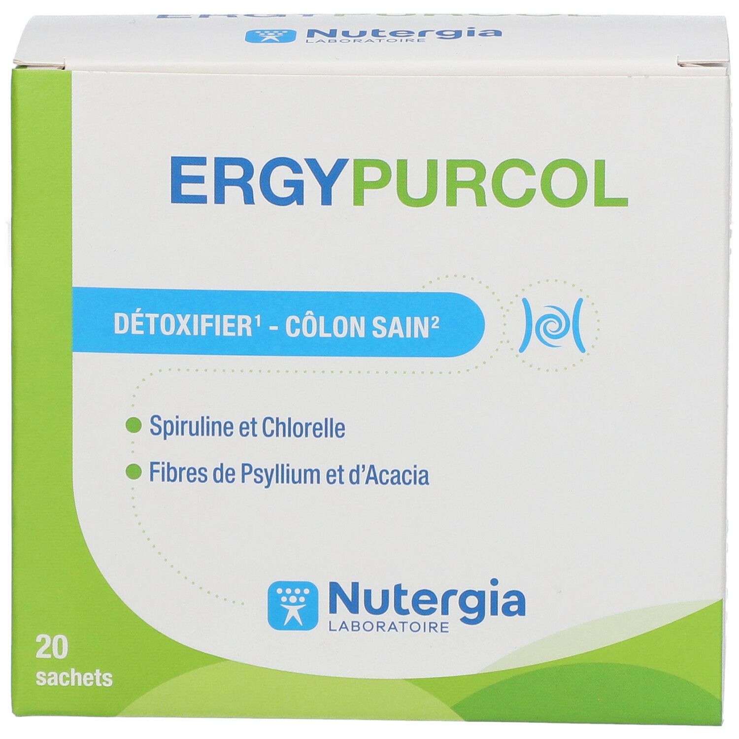 Verpackung von ERGYPURCOL. Enthält 20 Sachets. Aufschrift: Détoxifier - Cölon Sain. Mit Spiruline et Chlorelle und Fibres de Psyllium.