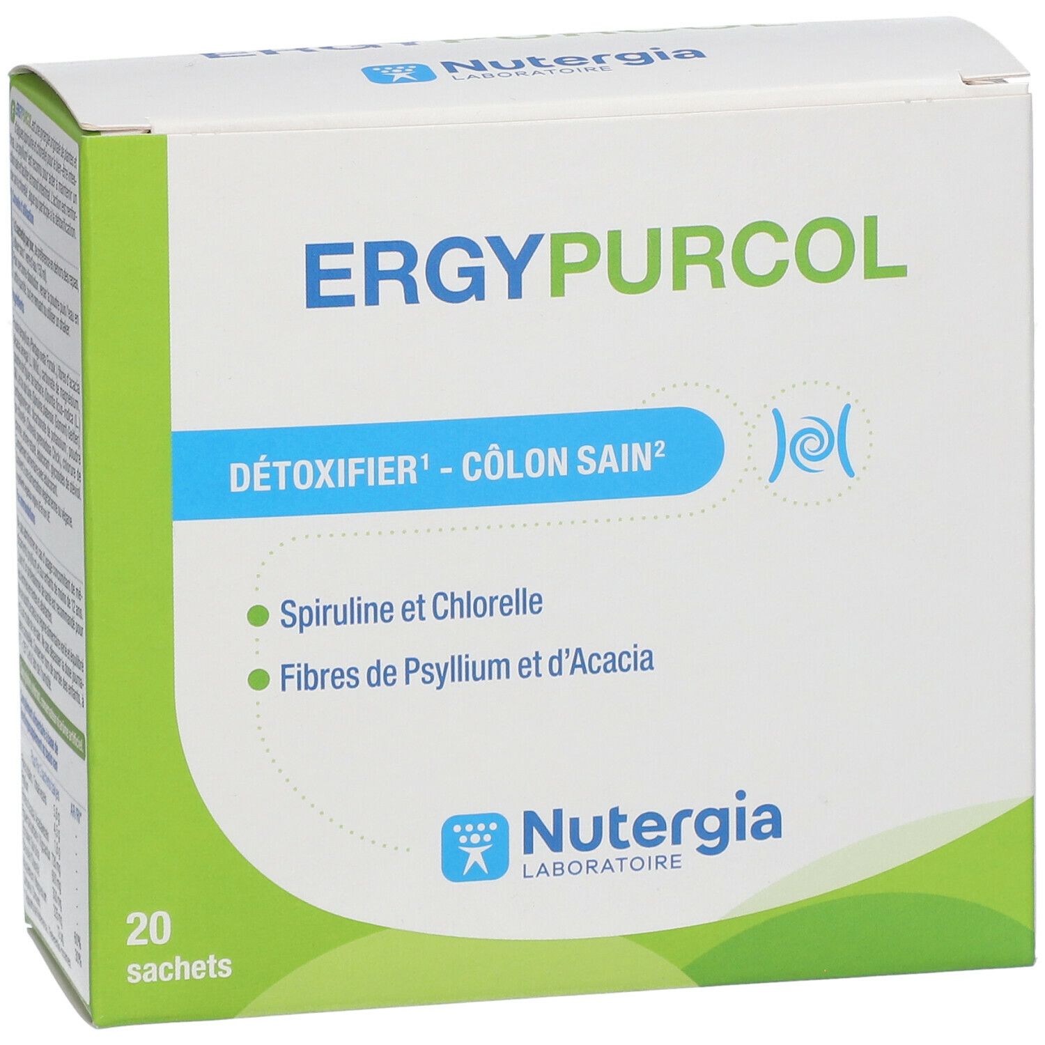 Verpackung von ERGYPURCOL. Enthält 20 Sachets. Aufschrift: Détoxifier - Cölon Sain. Mit Spiruline et Chlorelle und Fibres de Psyllium.