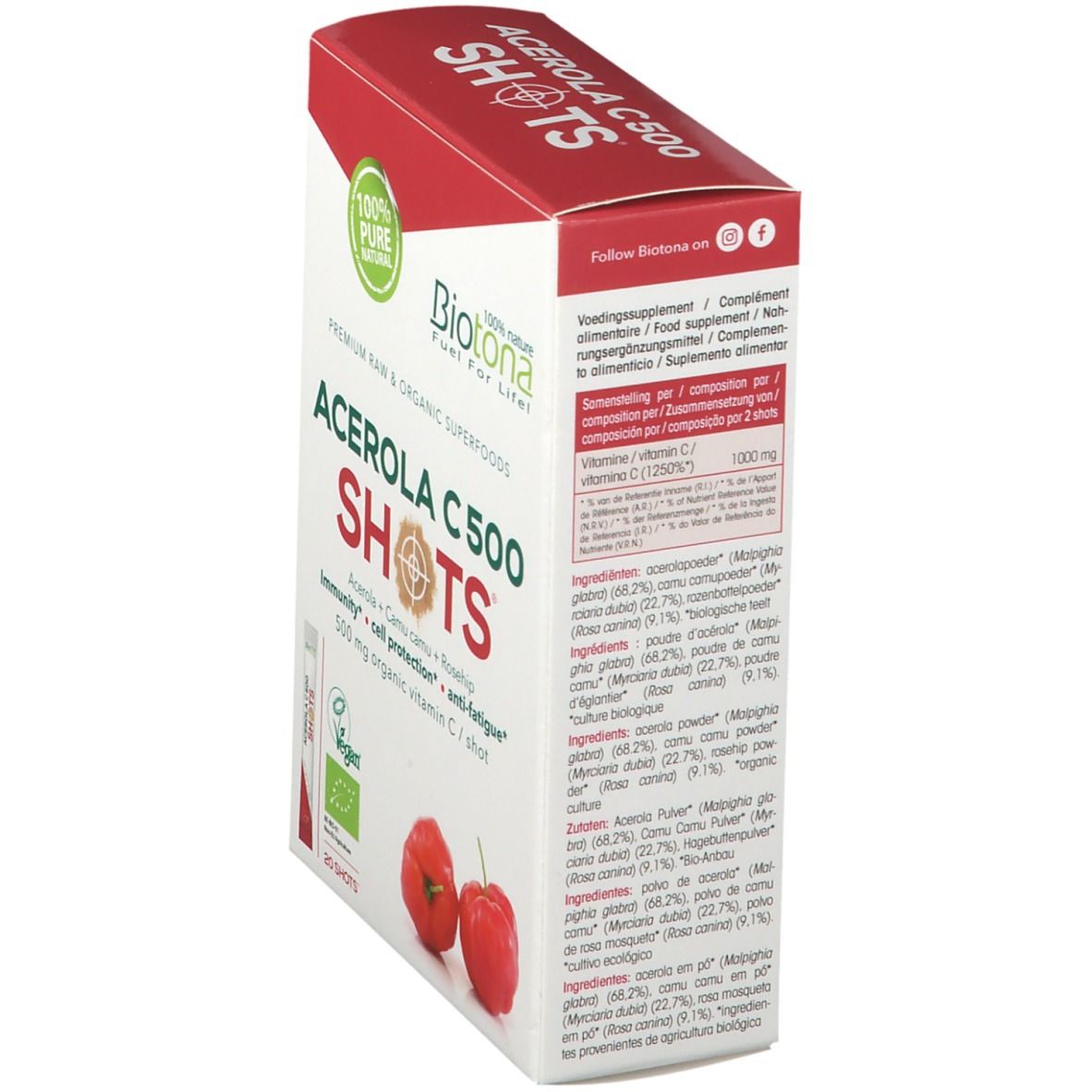Achterkant van de verpakking "Acerola C 500 Shots". Tekst in meerdere talen. Ingrediëntenlijst en voedingsinformatie.