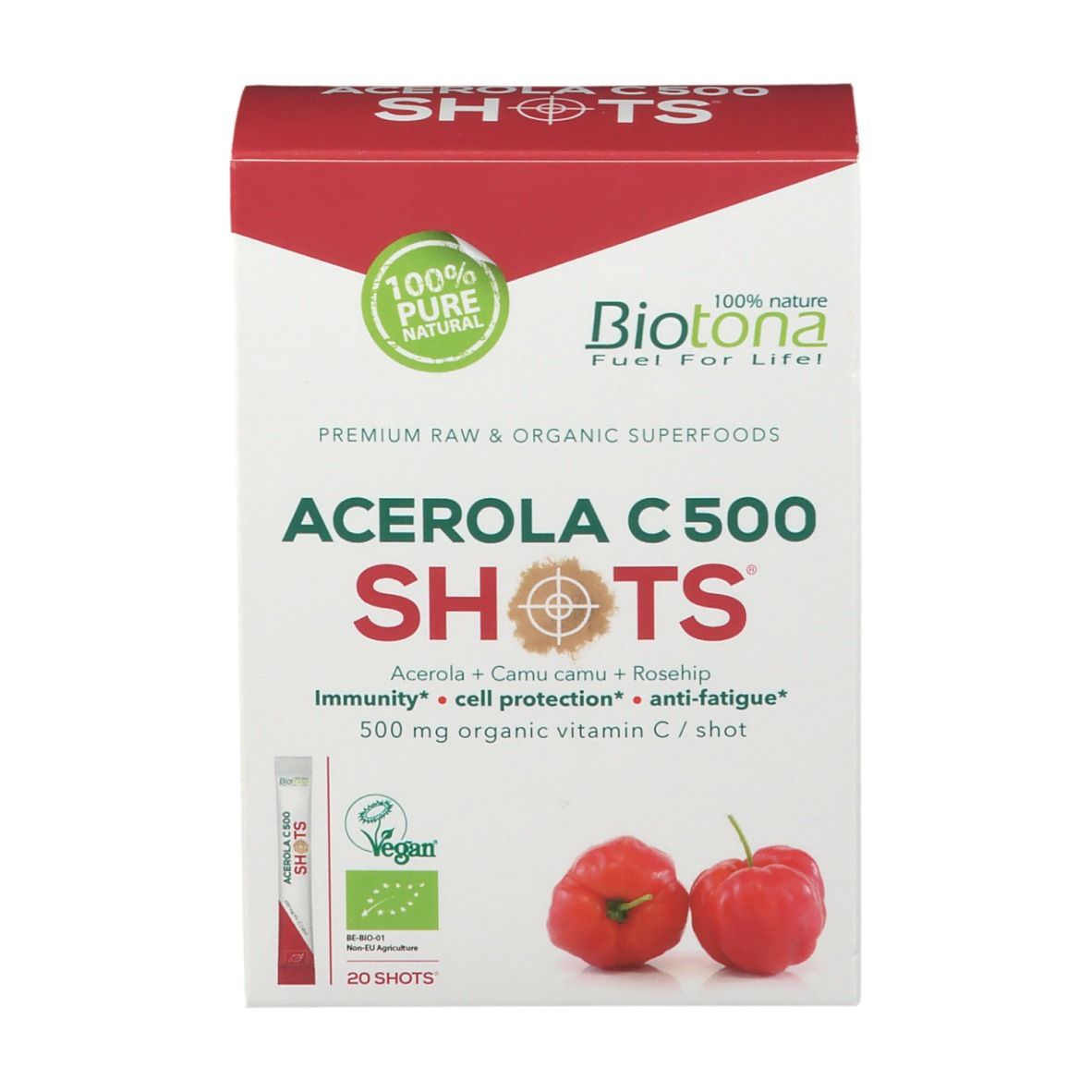 Doos "Acerola C 500 Shots". Rode en witte verpakking. Twee rode vruchten. Vegan-keurmerk.