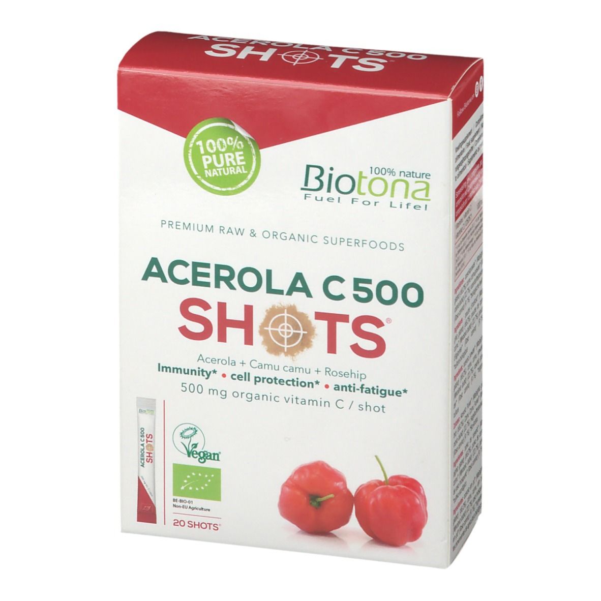 Doos "Acerola C 500 Shots". Rode en witte verpakking. Twee rode vruchten. Vegan-keurmerk.