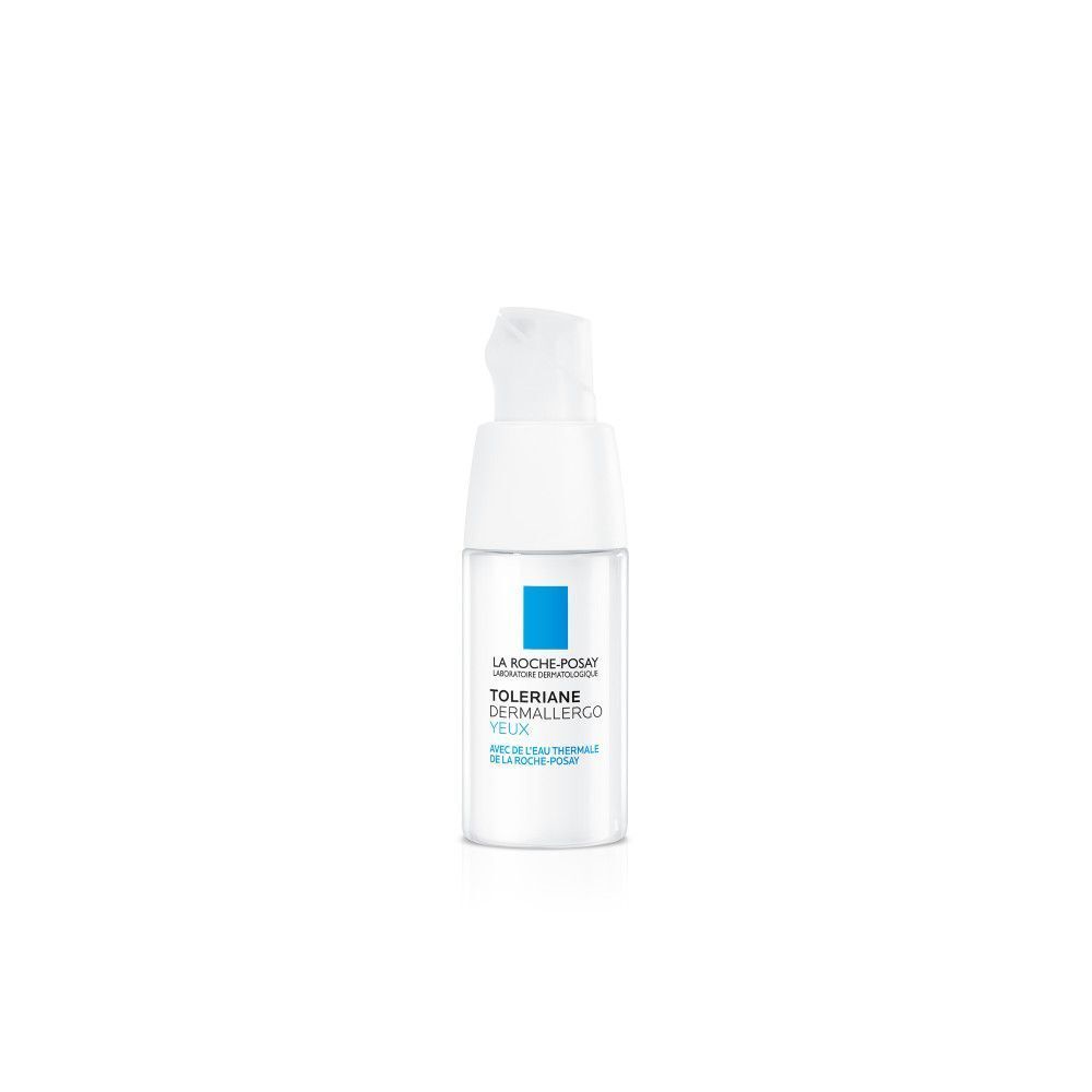 Witte oogcrèmefles met blauw vierkant en tekst. Met dispenser. Merk: La Roche-Posay.