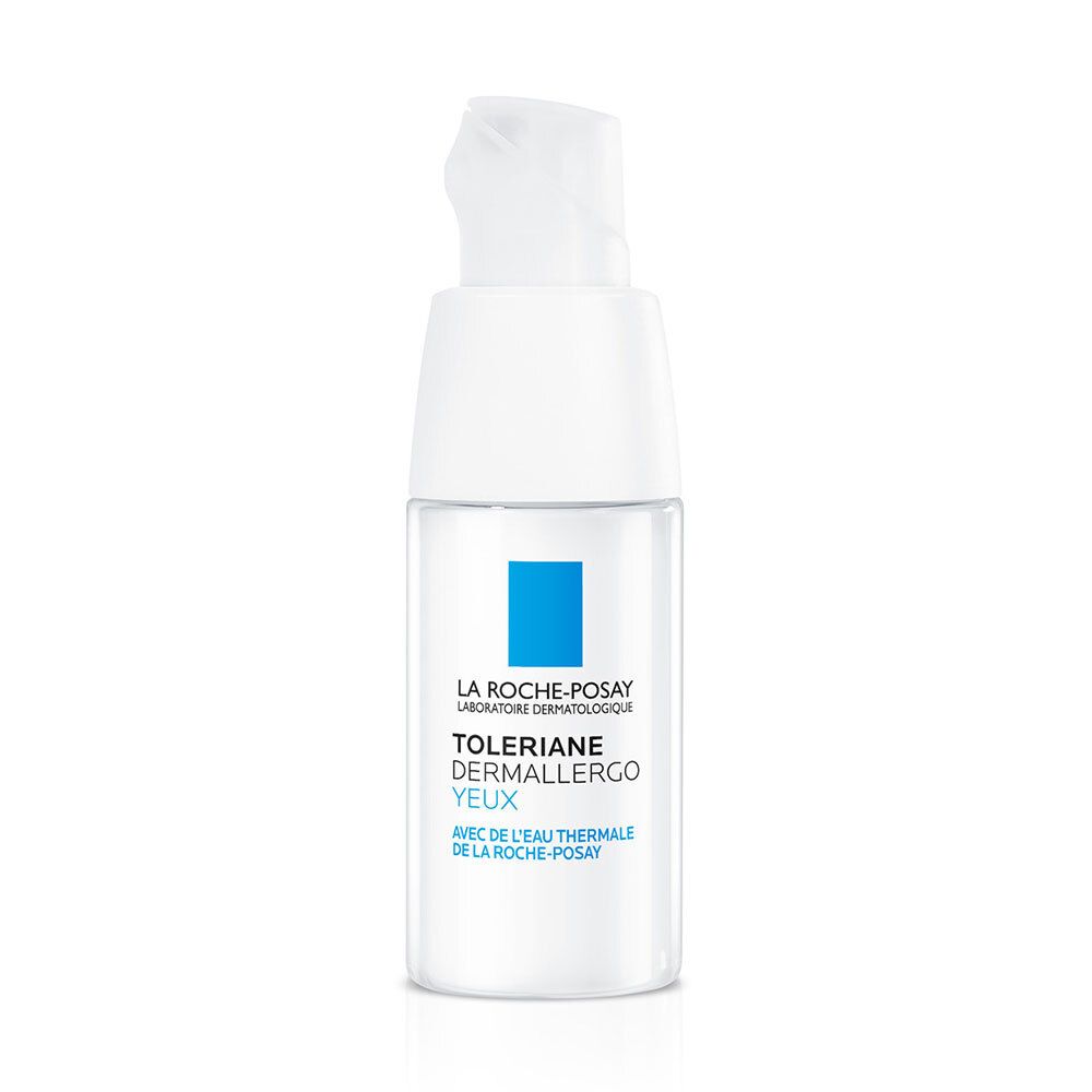 Weiße Augencreme-Flasche mit blauem Quadrat und Schriftzug. Mit Spender. Marke: La Roche-Posay.