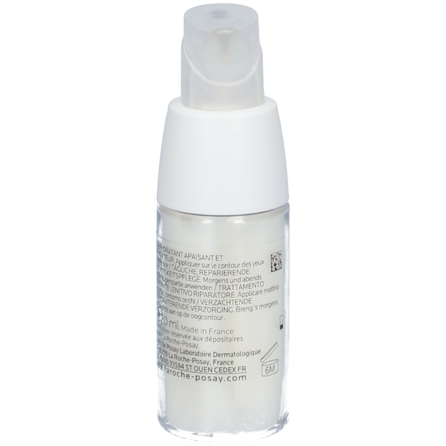 Rückseite der weißen Augencreme-Flasche. Text. Marke: La Roche-Posay.