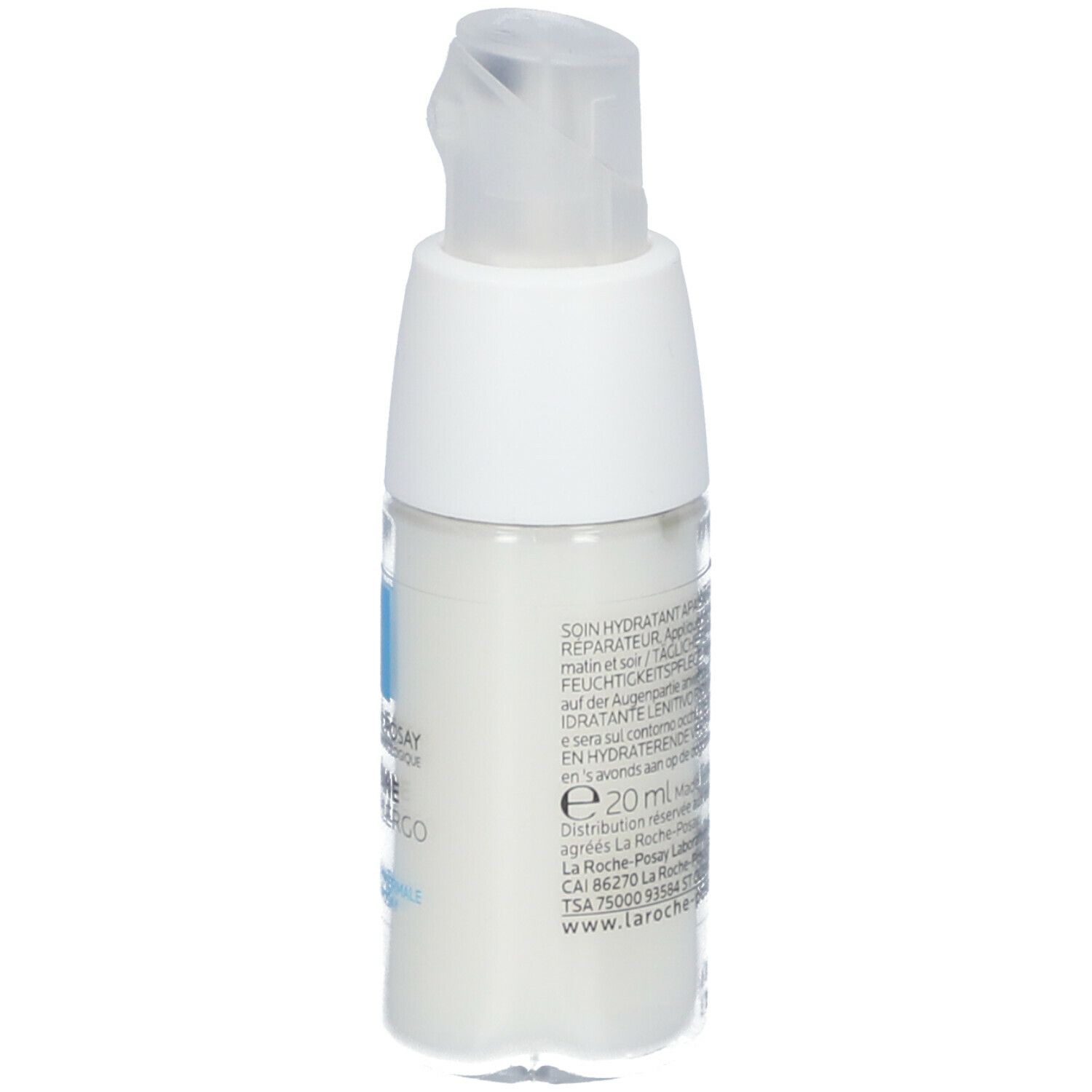 Weiße Augencreme-Flasche mit blauem Quadrat und Schriftzug. Mit Spender. Marke: La Roche-Posay.