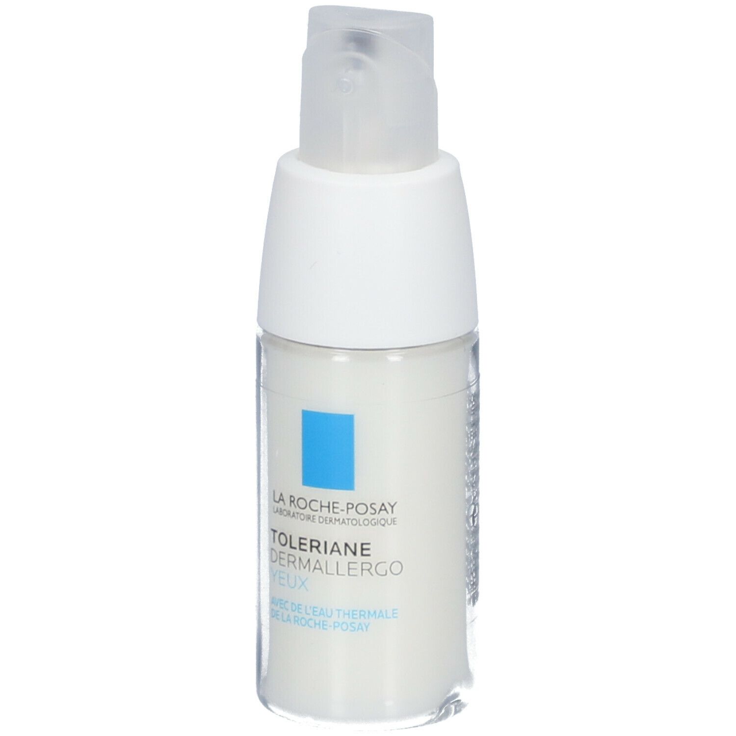 Weiße Augencreme-Flasche mit blauem Quadrat und Schriftzug. Mit Spender. Marke: La Roche-Posay.