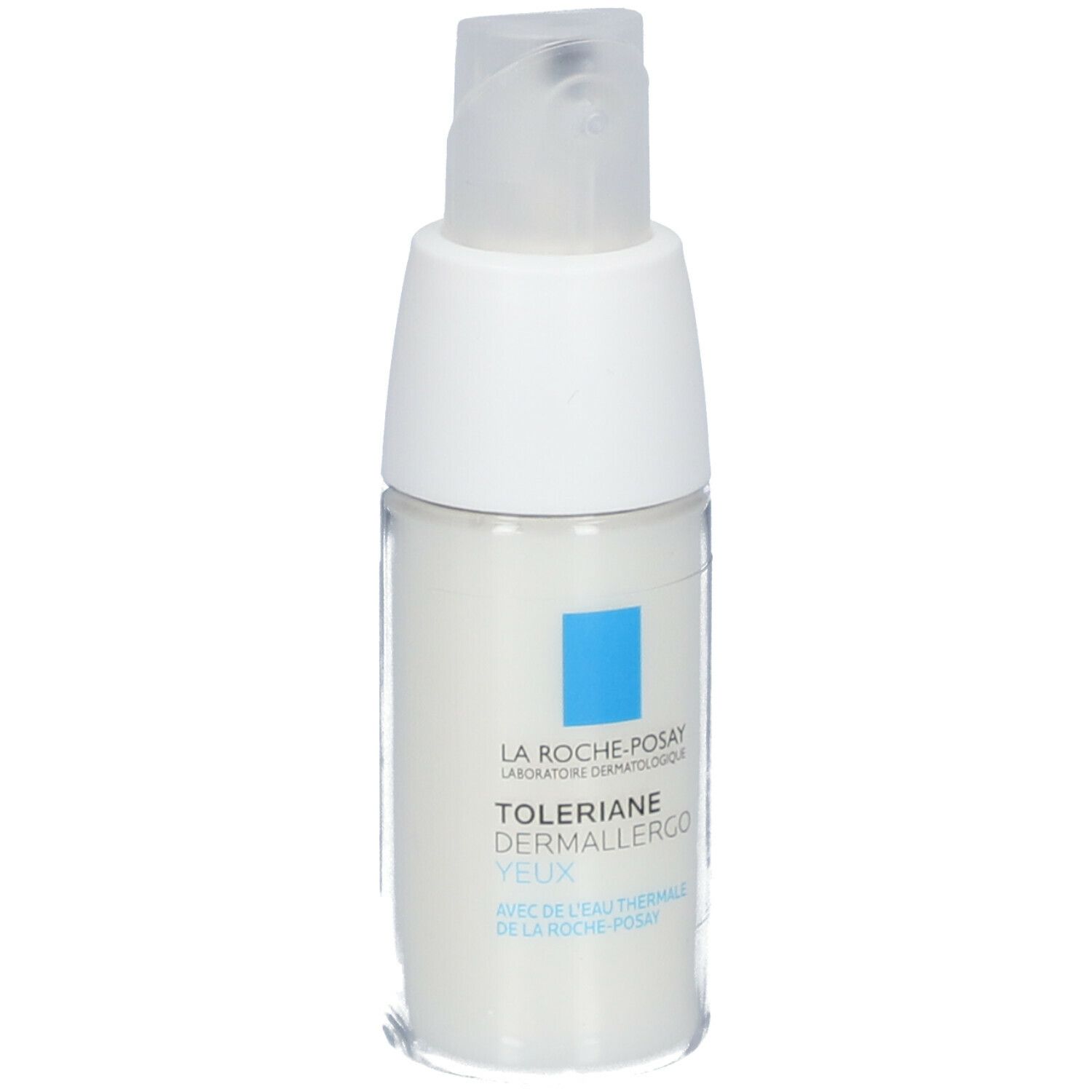 Weiße Augencreme-Flasche mit blauem Quadrat und Schriftzug. Mit Spender. Marke: La Roche-Posay.