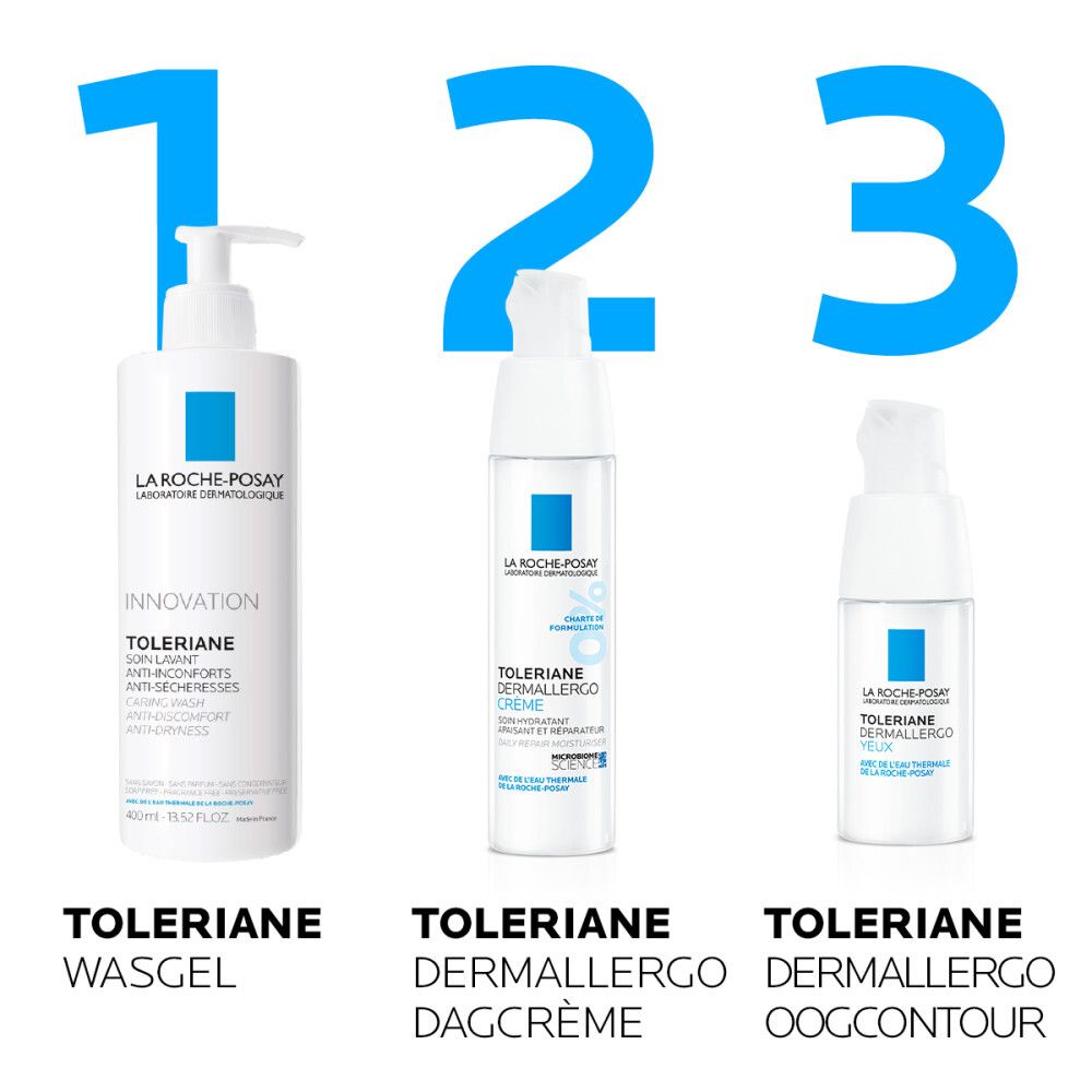 Achterkant van de witte oogcrèmefles. Tekst. Merk: La Roche-Posay.