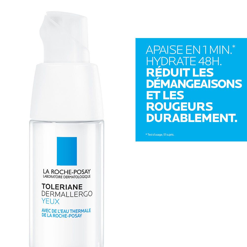 Weiße Augencreme-Flasche mit blauem Quadrat und Text. Text: Reduziert Rötungen. Marke: La Roche-Posay.