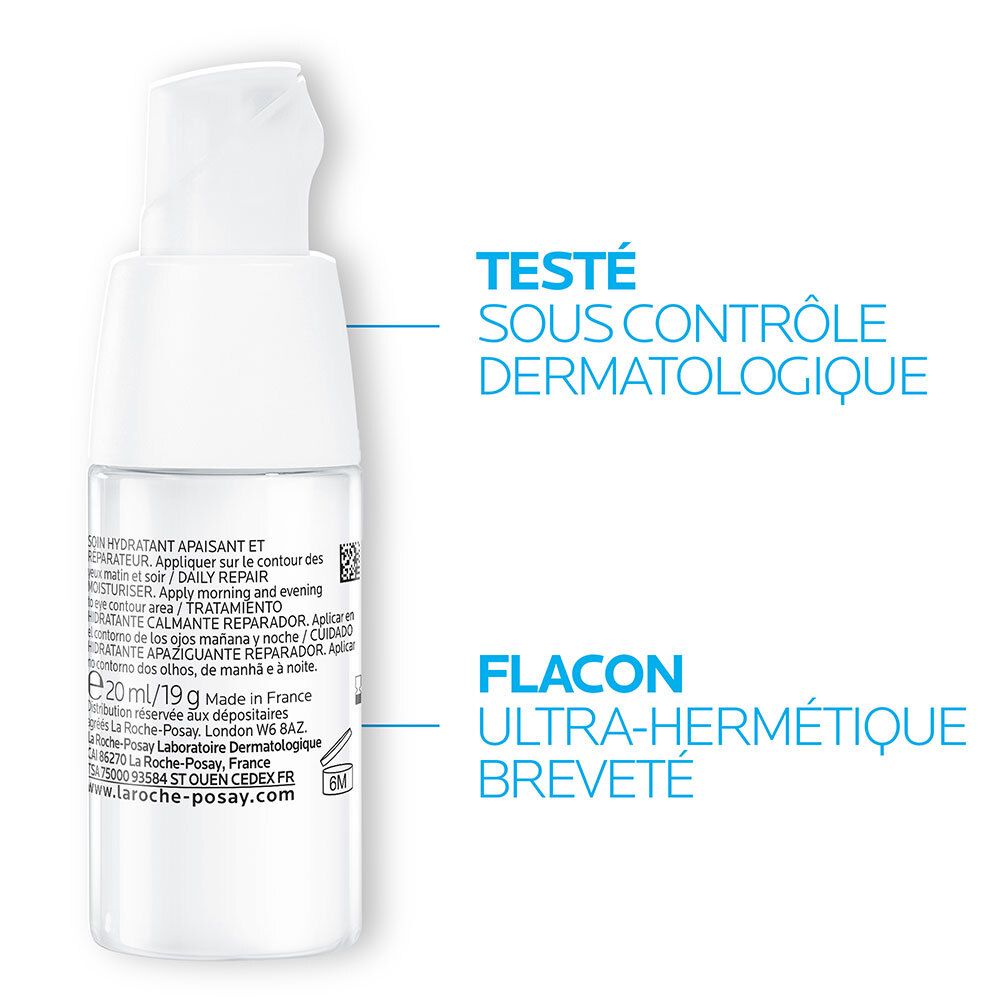 Rückseite der weißen Augencreme-Flasche. Text: Dermatologisch getestet. Flasche ultra-dicht.