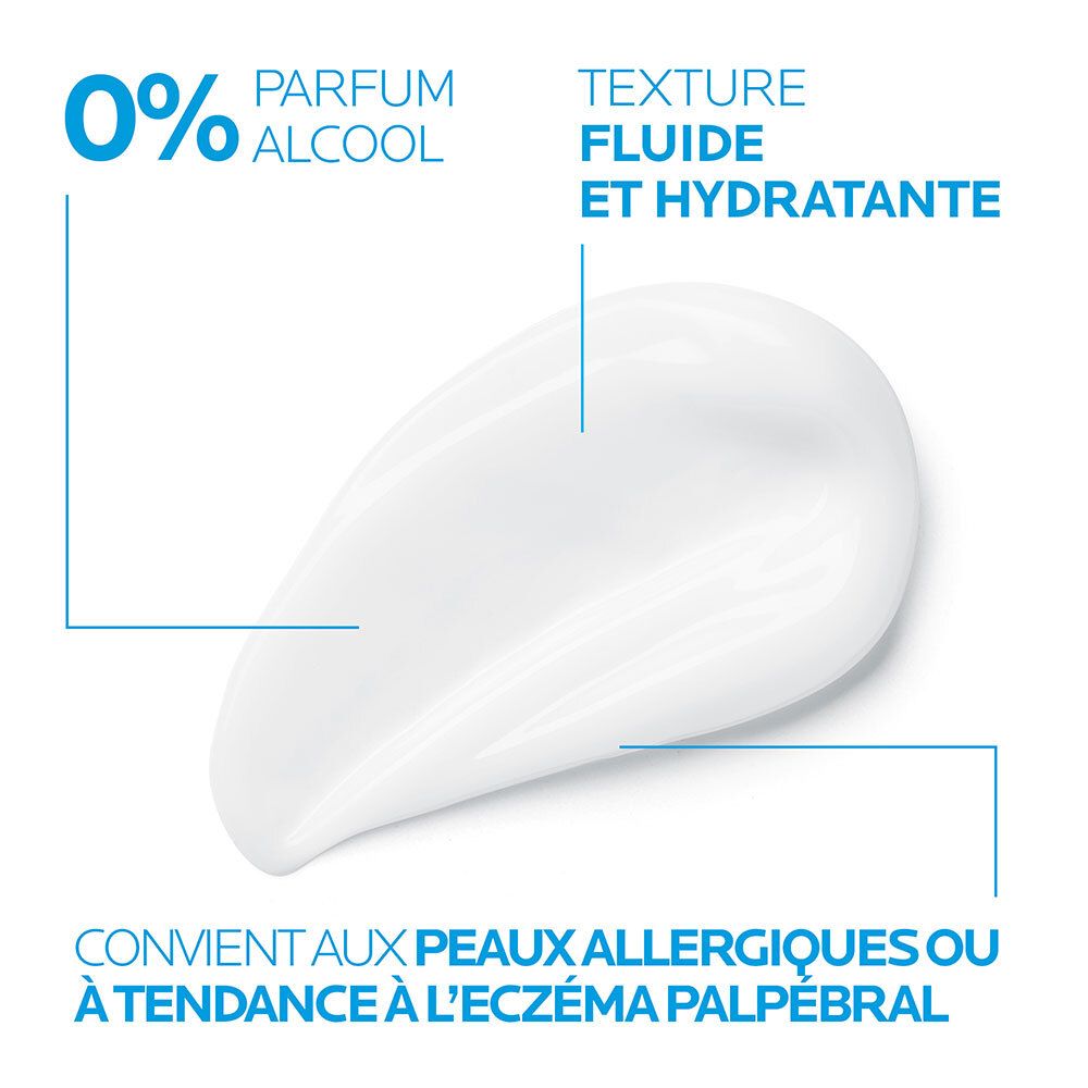 Weißer Creme-Klecks. Text: 0% Alkohol, fluide Textur. Für allergische Haut geeignet.