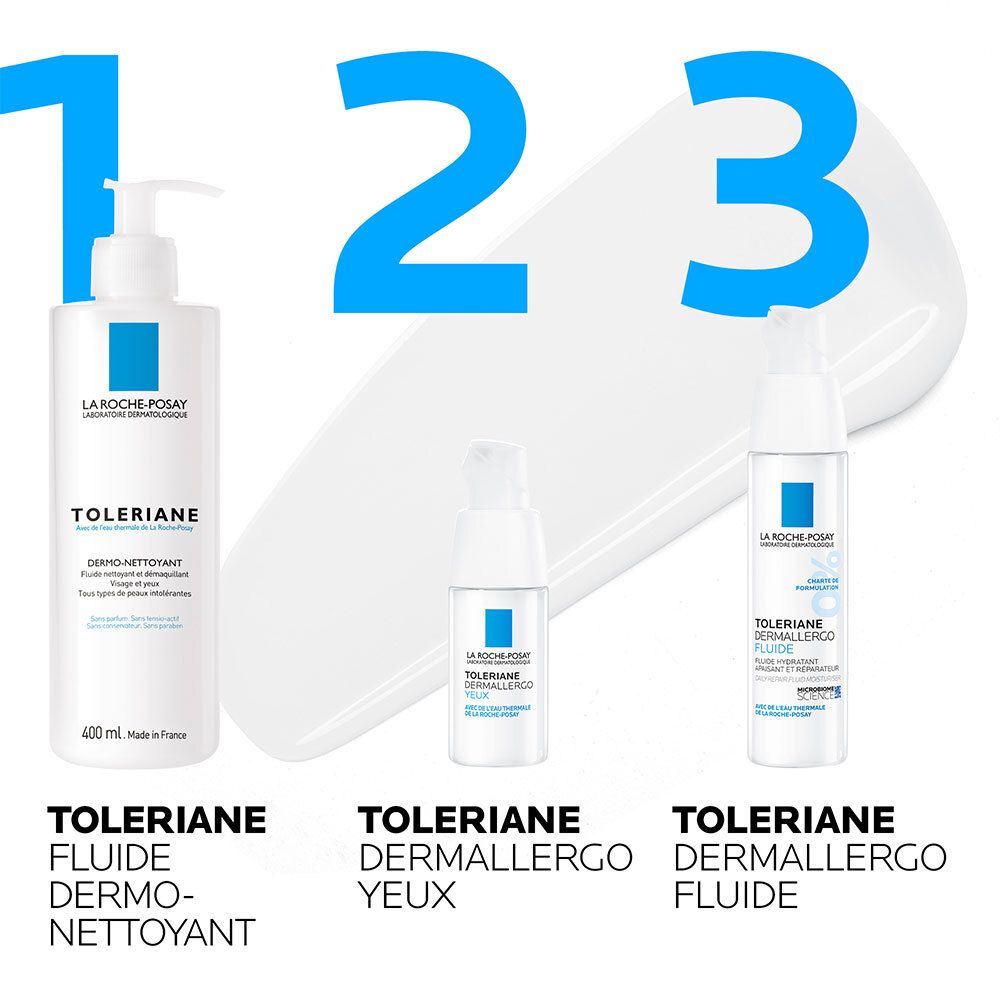 Drei Produkte: Waschgel, Augencreme und Creme. Marke: La Roche-Posay. Text: Toleriane.