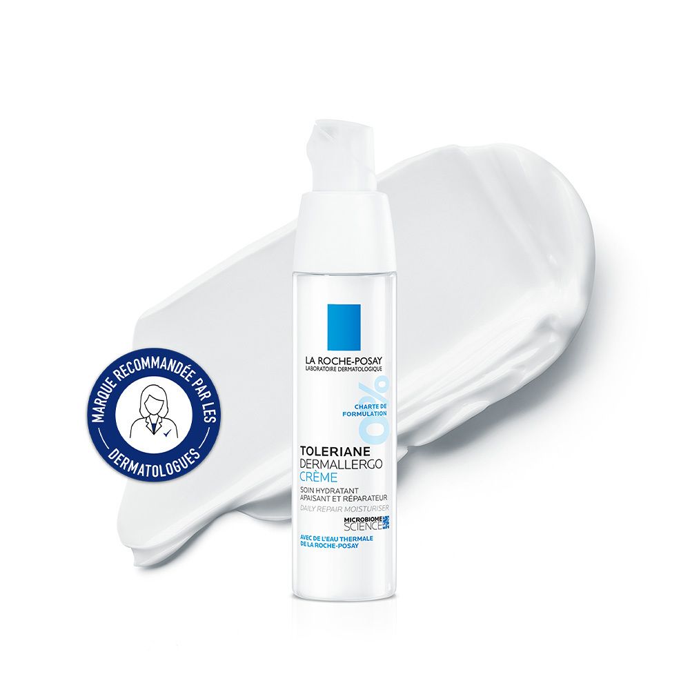 Produit sur fond blanc. Texte: Toleriane Dermallergo Crème. Produit appliqué.