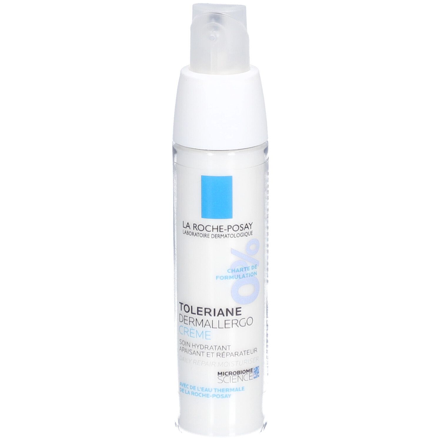 Flacon blanc avec pompe. Inscriptions bleues et blanches. Texte: Toleriane Dermallergo Crème.