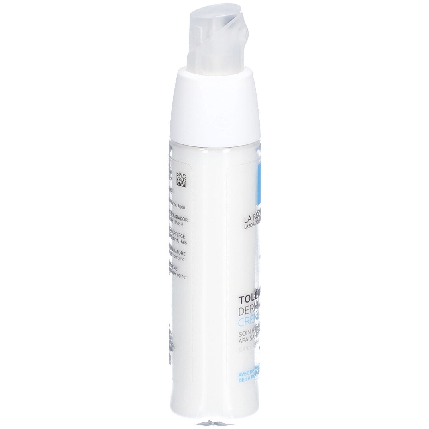 Flacon blanc avec pompe. Inscriptions bleues et blanches. Texte: Toleriane Dermallergo Crème.