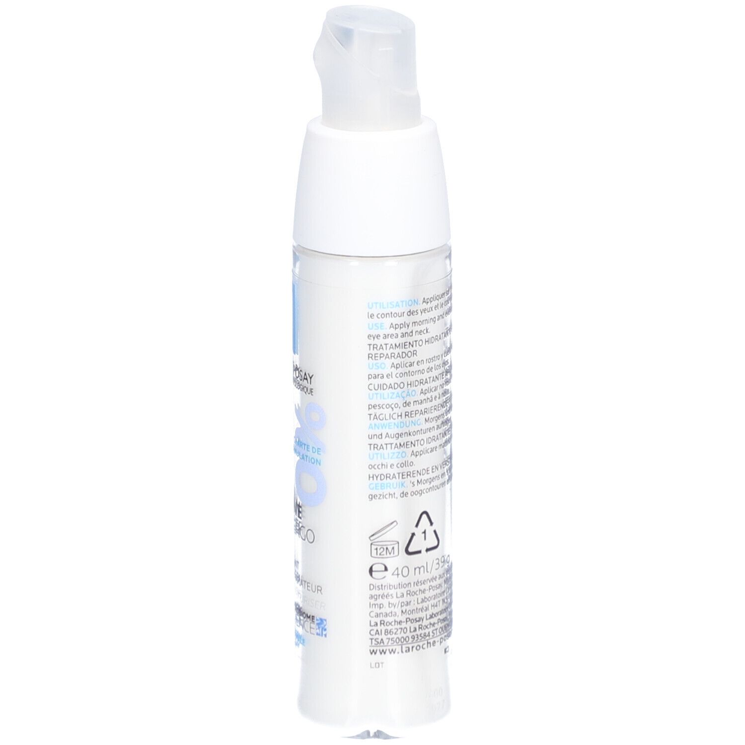 Flacon blanc avec pompe. Inscriptions bleues et blanches. Texte: Toleriane Dermallergo Crème.