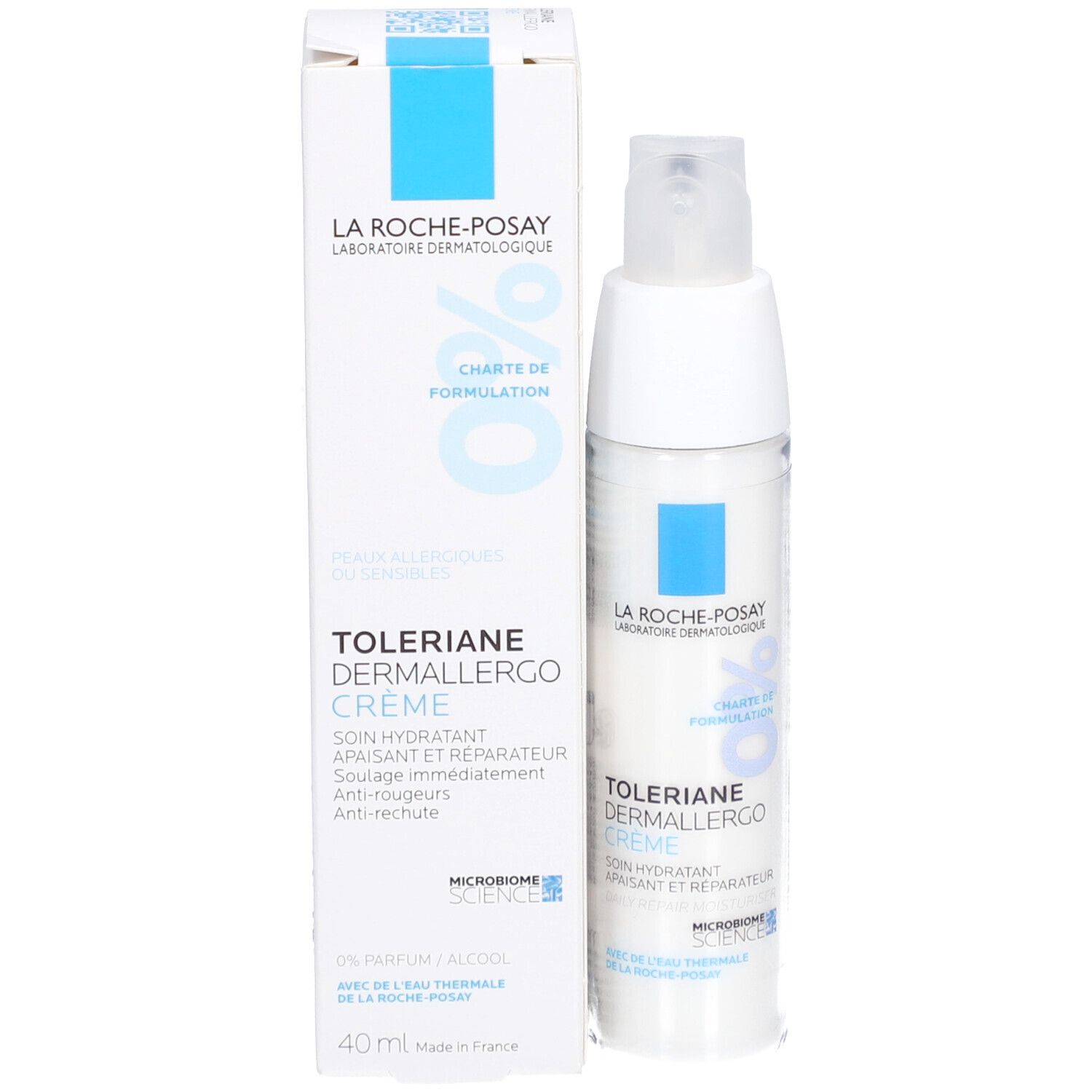 Emballage du produit. Boîte blanche avec inscriptions bleues et blanches. Texte: Toleriane Dermallergo Crème.