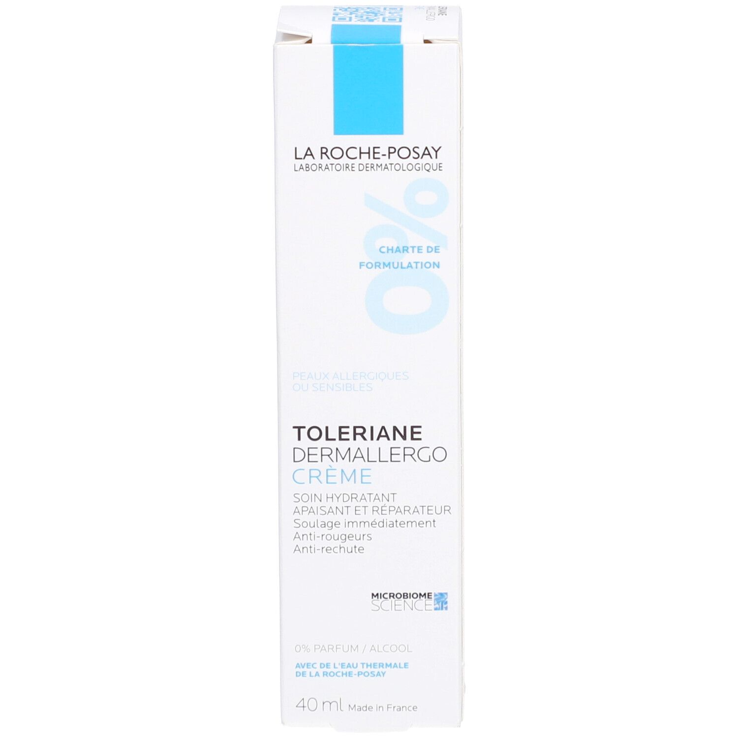 Emballage du produit. Boîte blanche avec inscriptions bleues et blanches. Texte: Toleriane Dermallergo Crème.