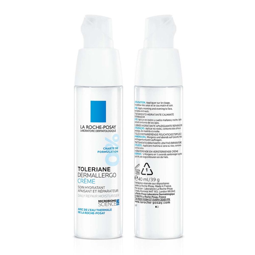 Deux flacons de Toleriane Dermallergo Crème. Texte: Instructions d'utilisation.