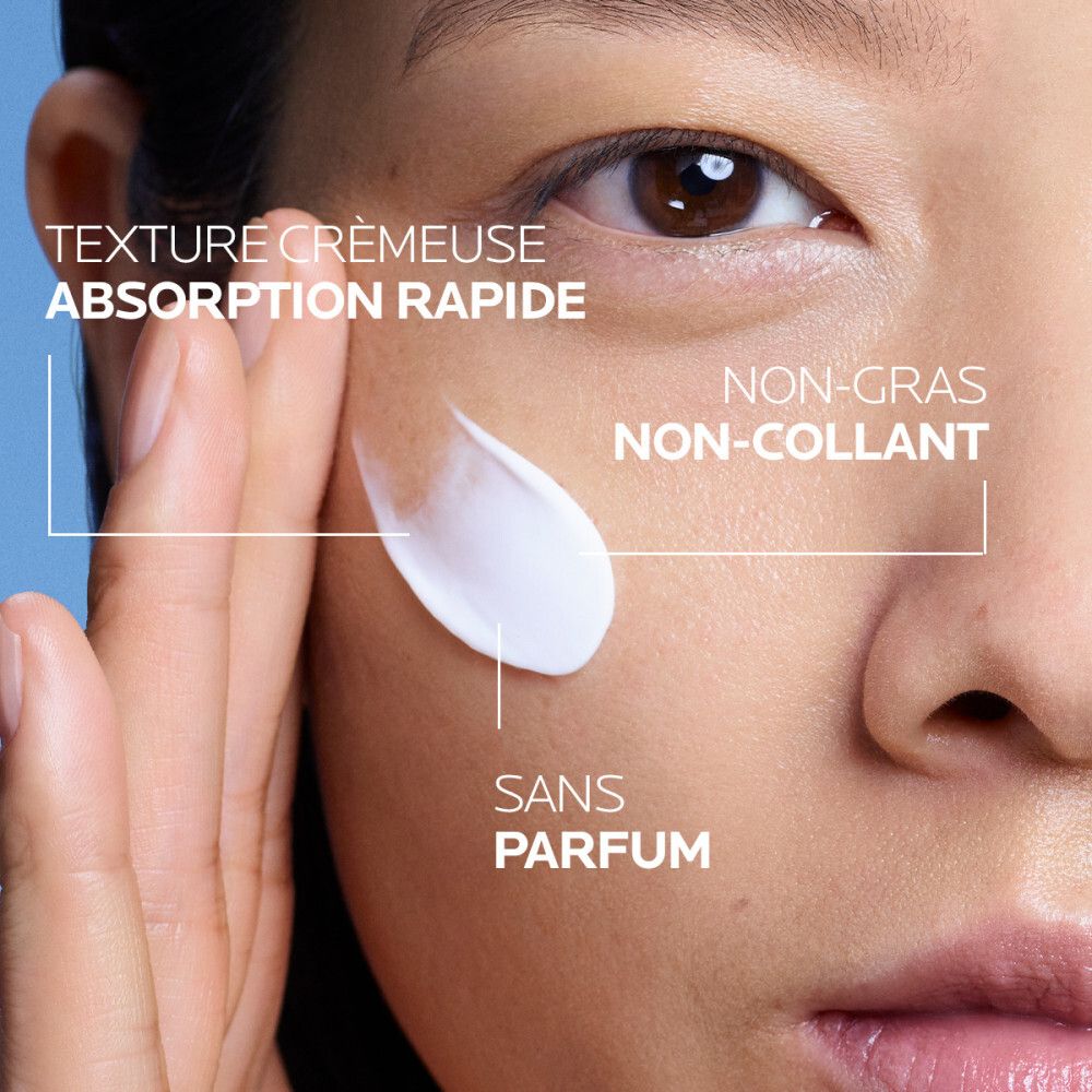 Produit sur fond blanc. Texte: Toleriane Dermallergo Crème. Produit appliqué.