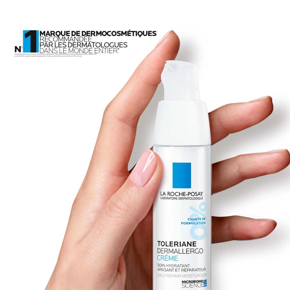 Produit sur fond blanc. Texte: Toleriane Dermallergo Crème. Produit appliqué.