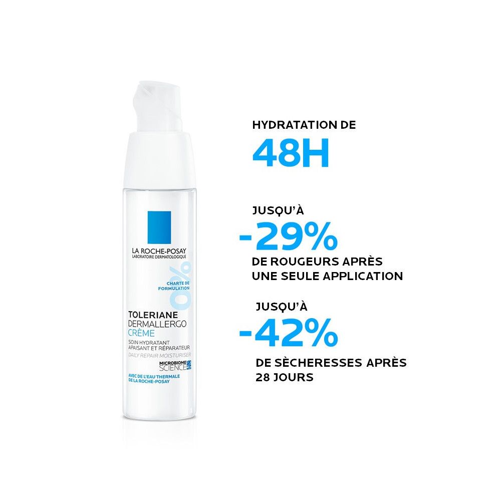 Produit sur fond blanc. Texte: Toleriane Dermallergo Crème. Produit appliqué.