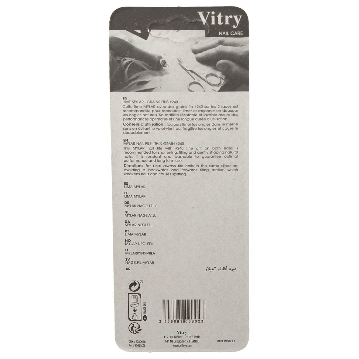 Achterkant van de verpakking. Meertalige tekst. Merk Vitry. Product: Mylar nagelvijl.