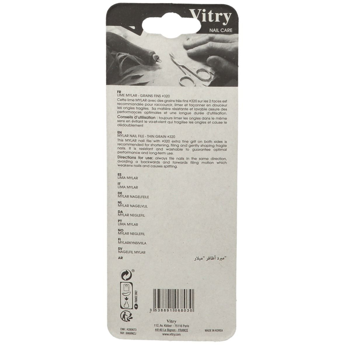 Rückseite der Verpackung. Text in mehreren Sprachen. Produktname: Mylar Nagelfeile.