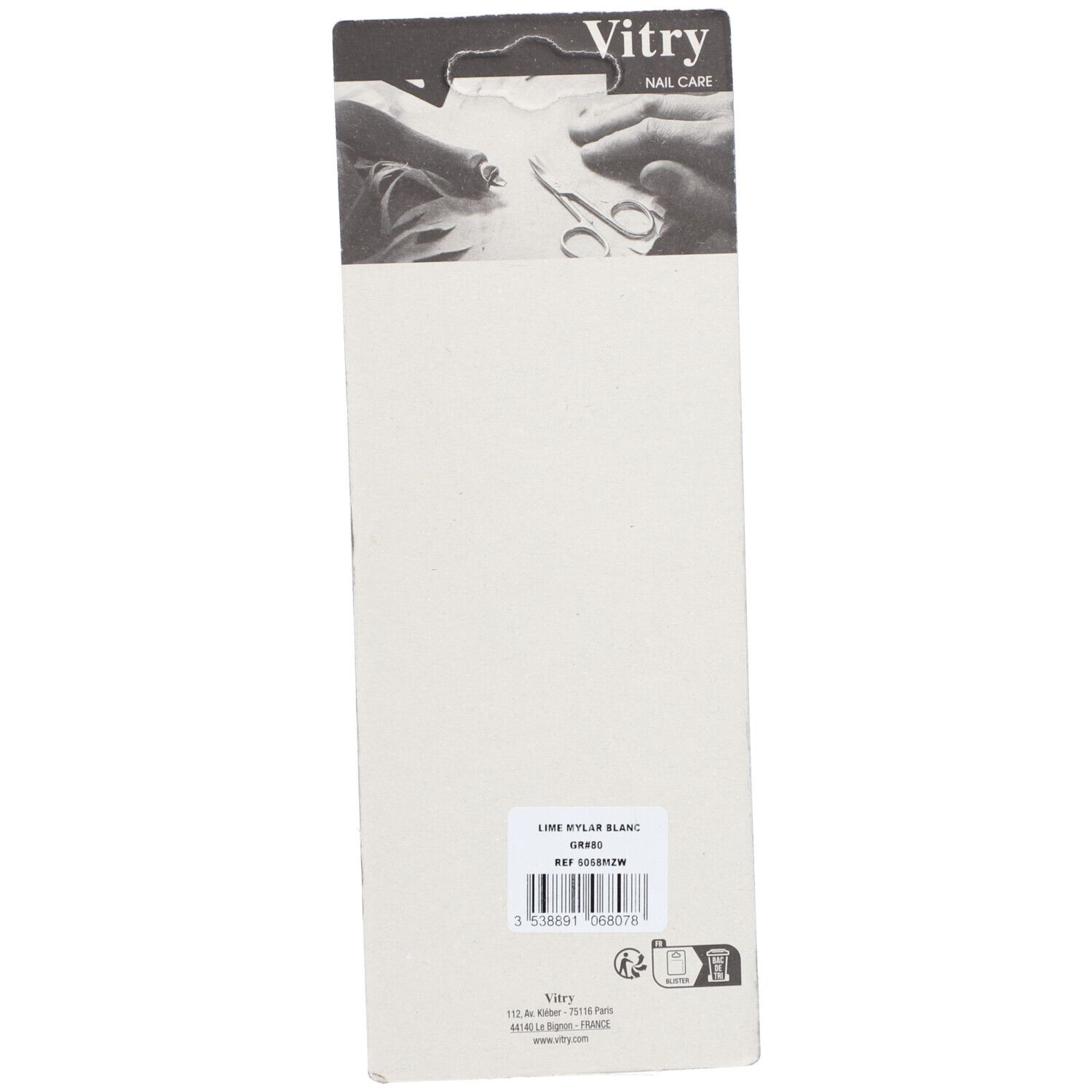 Achterkant van de verpakking. Merk Vitry. Opschrift: Lime Mylar Blanc.