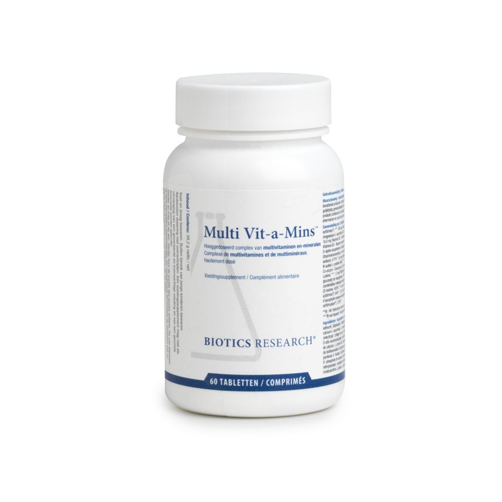 Witte fles Multi Vit-a-Mins. Etiket met naam en informatie. 60 tabletten.