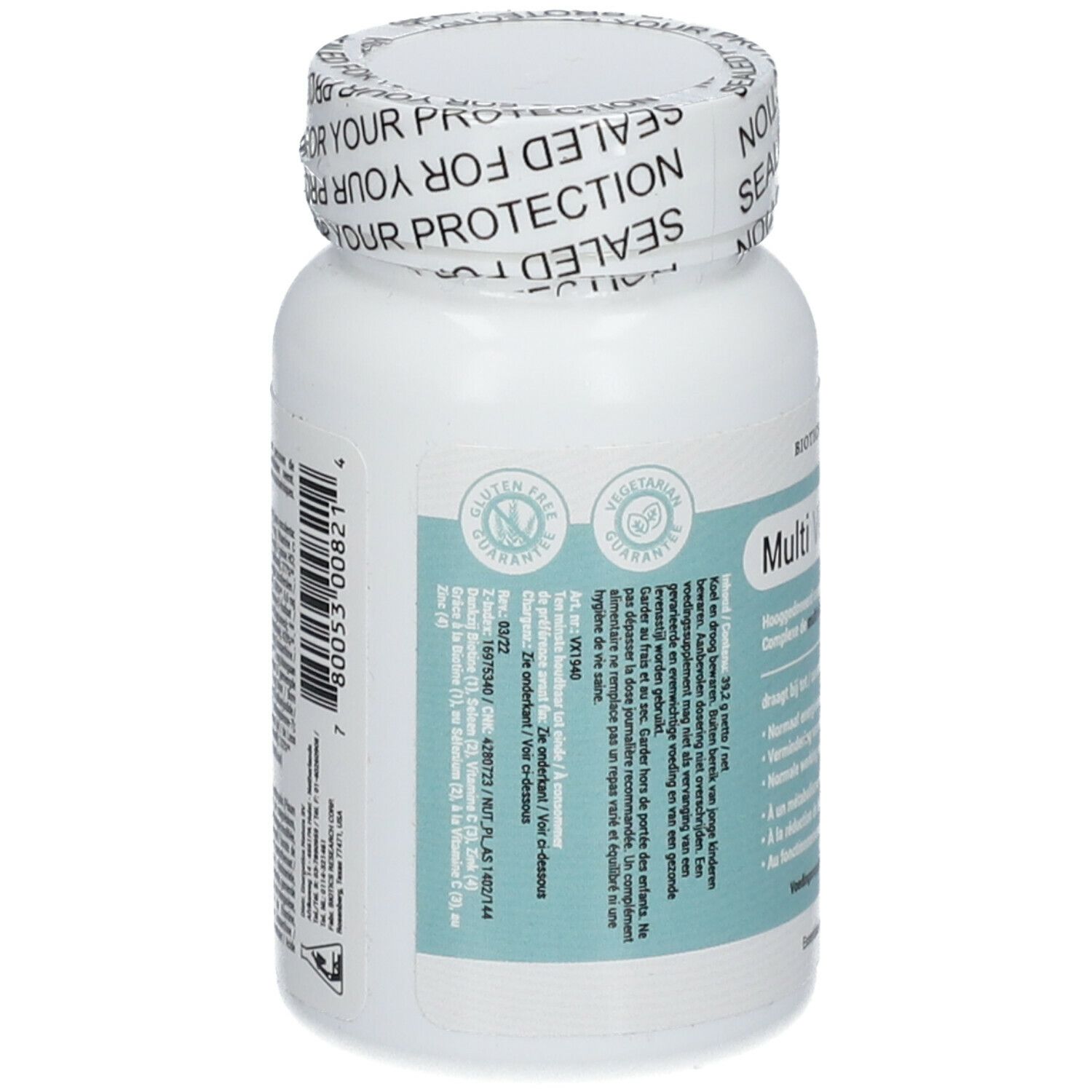 Achterkant van de witte fles Multi Vit-a-Mins. Tekst en logo's. Glutenvrij en vegetarisch.