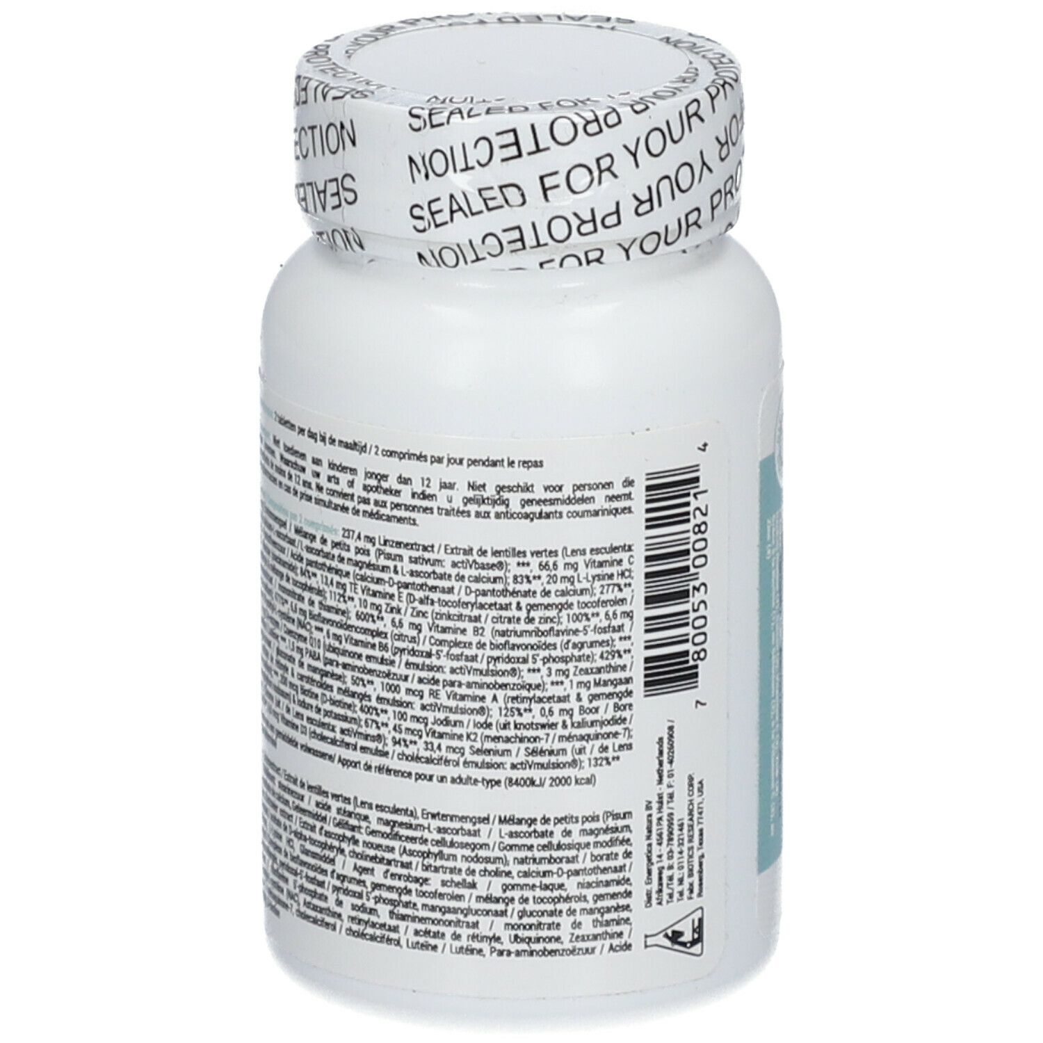 Achterkant van de witte fles Multi Vit-a-Mins. Tekst met ingrediënten en voedingswaarde.