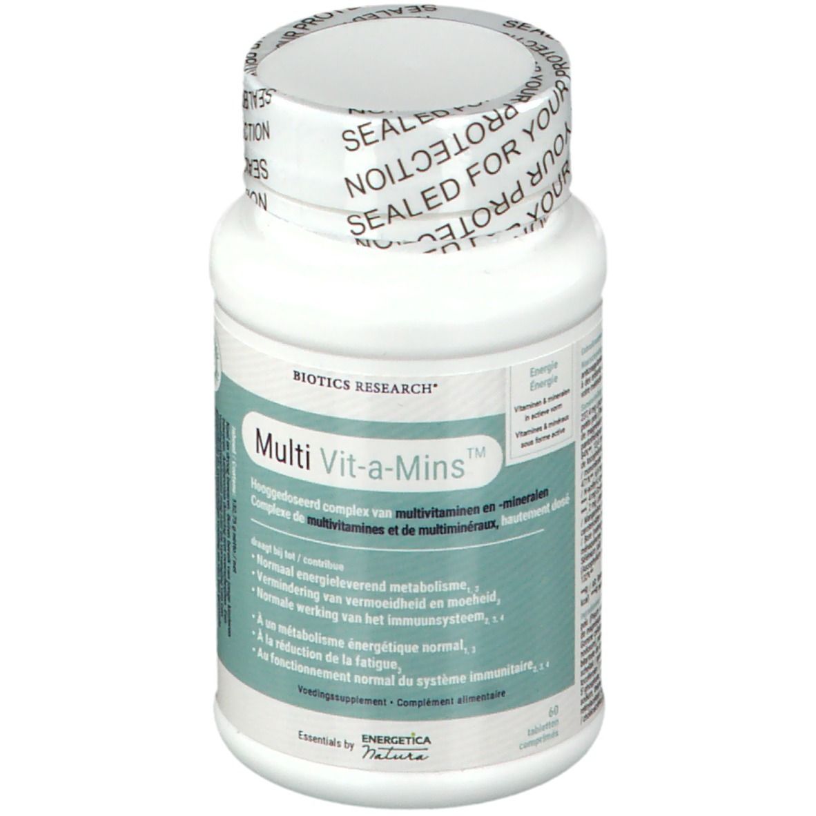 Witte fles Multi Vit-a-Mins. Etiket met naam en informatie. Verzegeling.