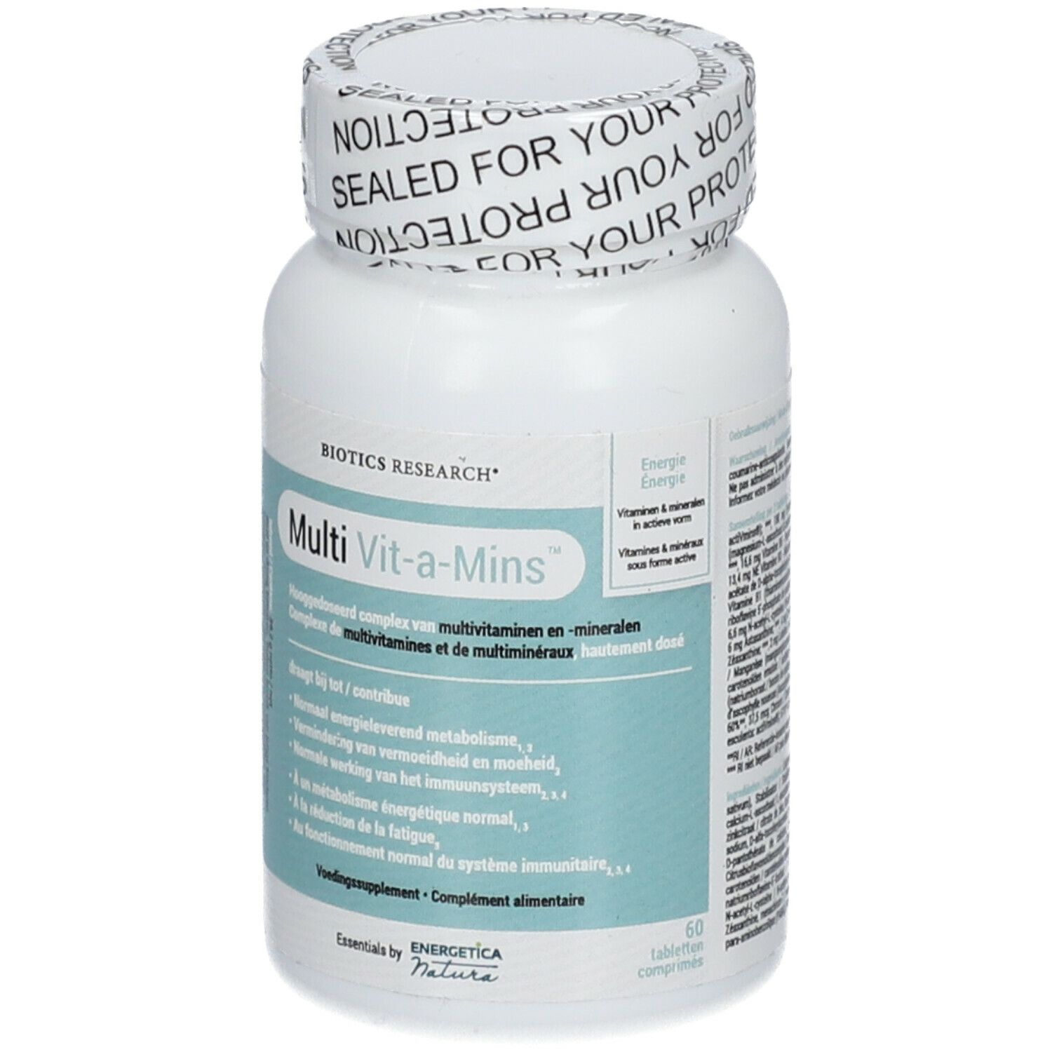 Witte fles Multi Vit-a-Mins. Etiket met informatie. 60 tabletten.