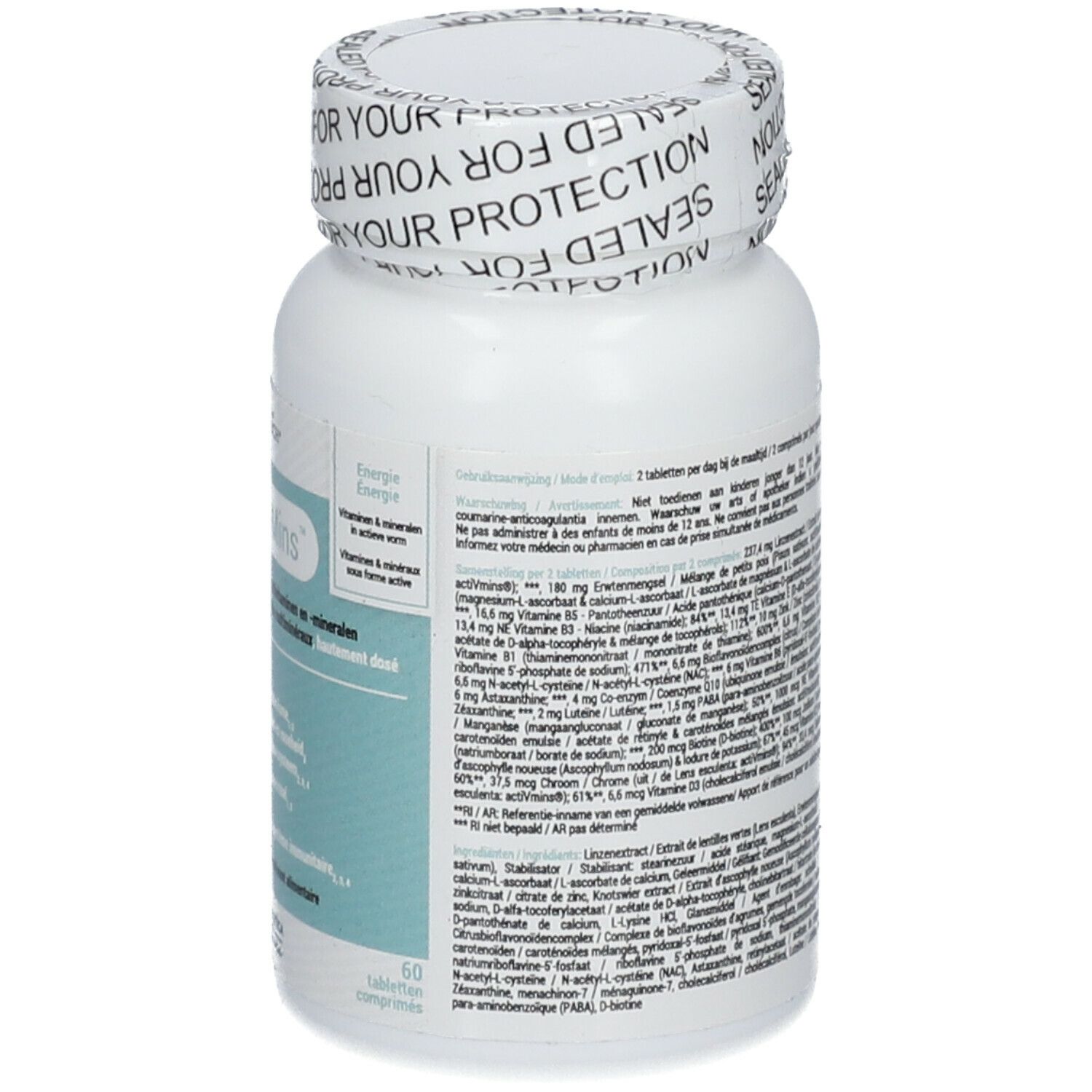 Achterkant van de witte fles Multi Vit-a-Mins. Tekst met ingrediënten. 60 tabletten.