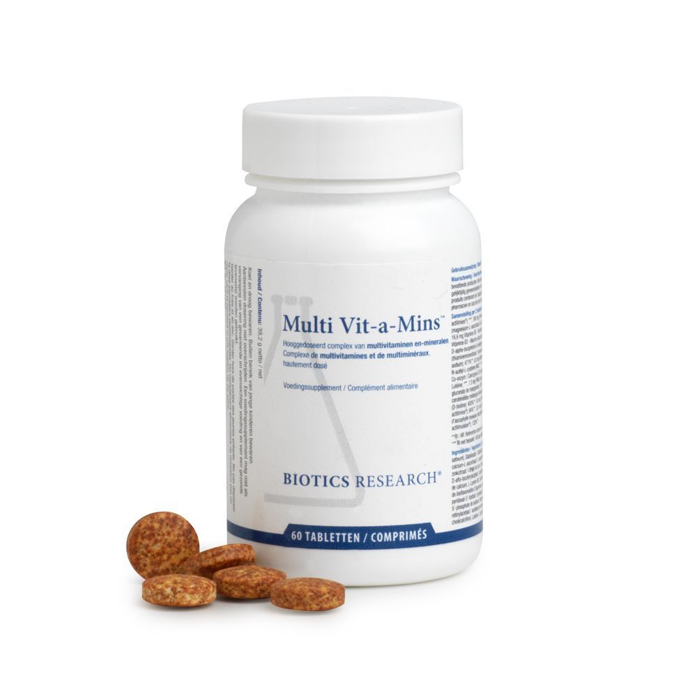 Witte fles Multi Vit-a-Mins en tabletten ernaast. 40 tabletten.