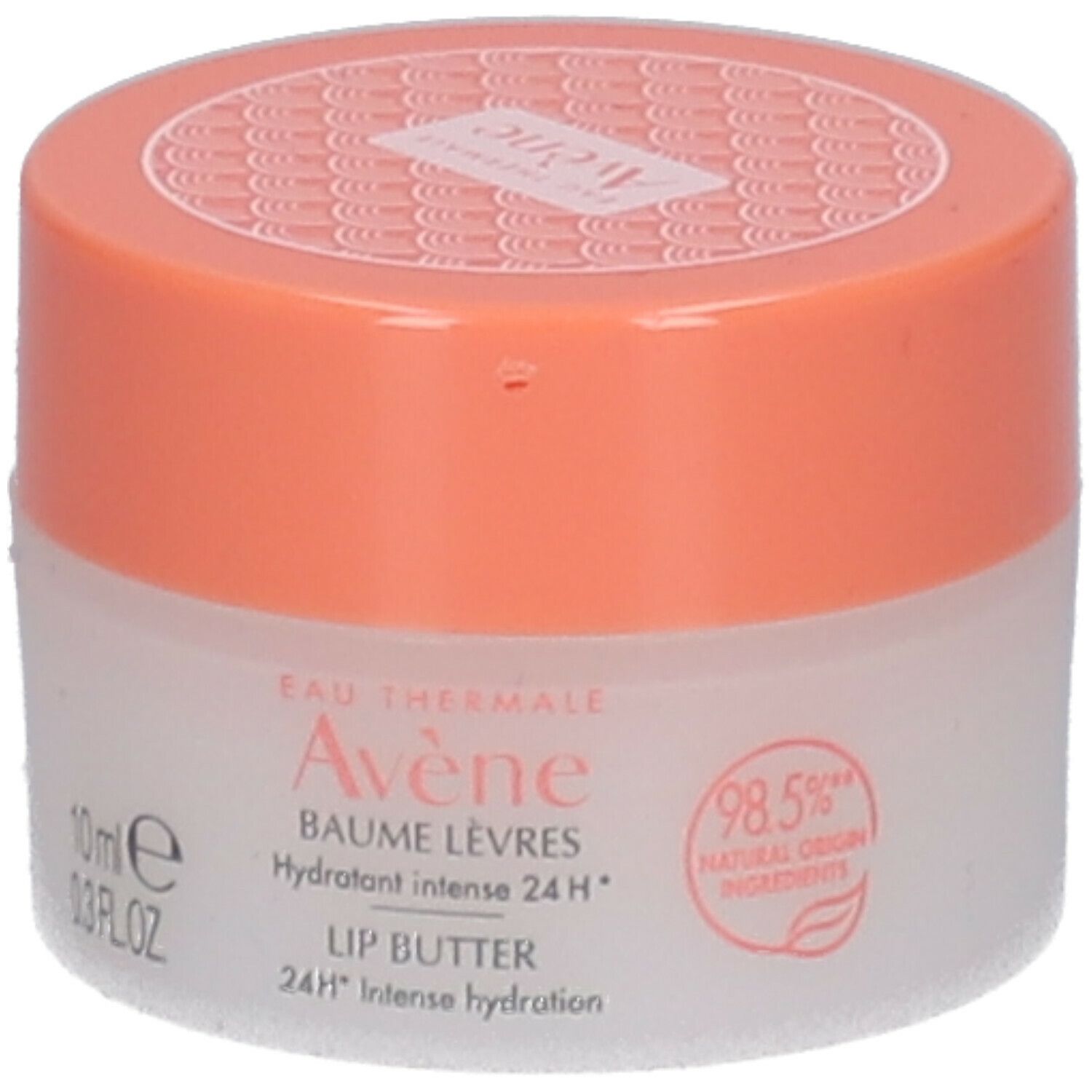 Avène lippenbalsem potje. Wit glas, oranje deksel. Opschrift: Avène, Baume Lèvres, Lip Butter, 98,5% natuurlijke ingrediënten.